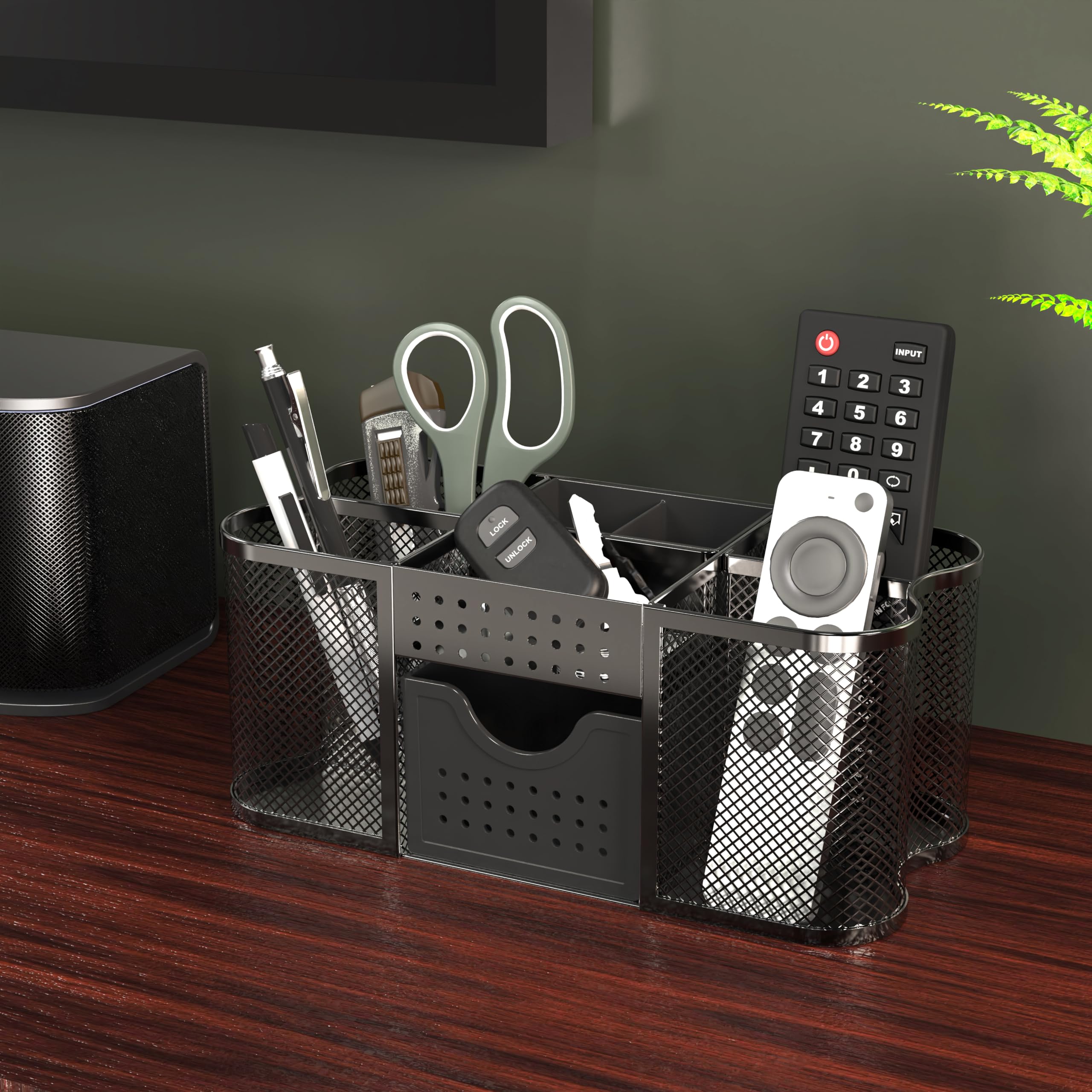 Deco Brothers organizador lleno con bolígrafos, marcadores y clips ilustrando capacidad