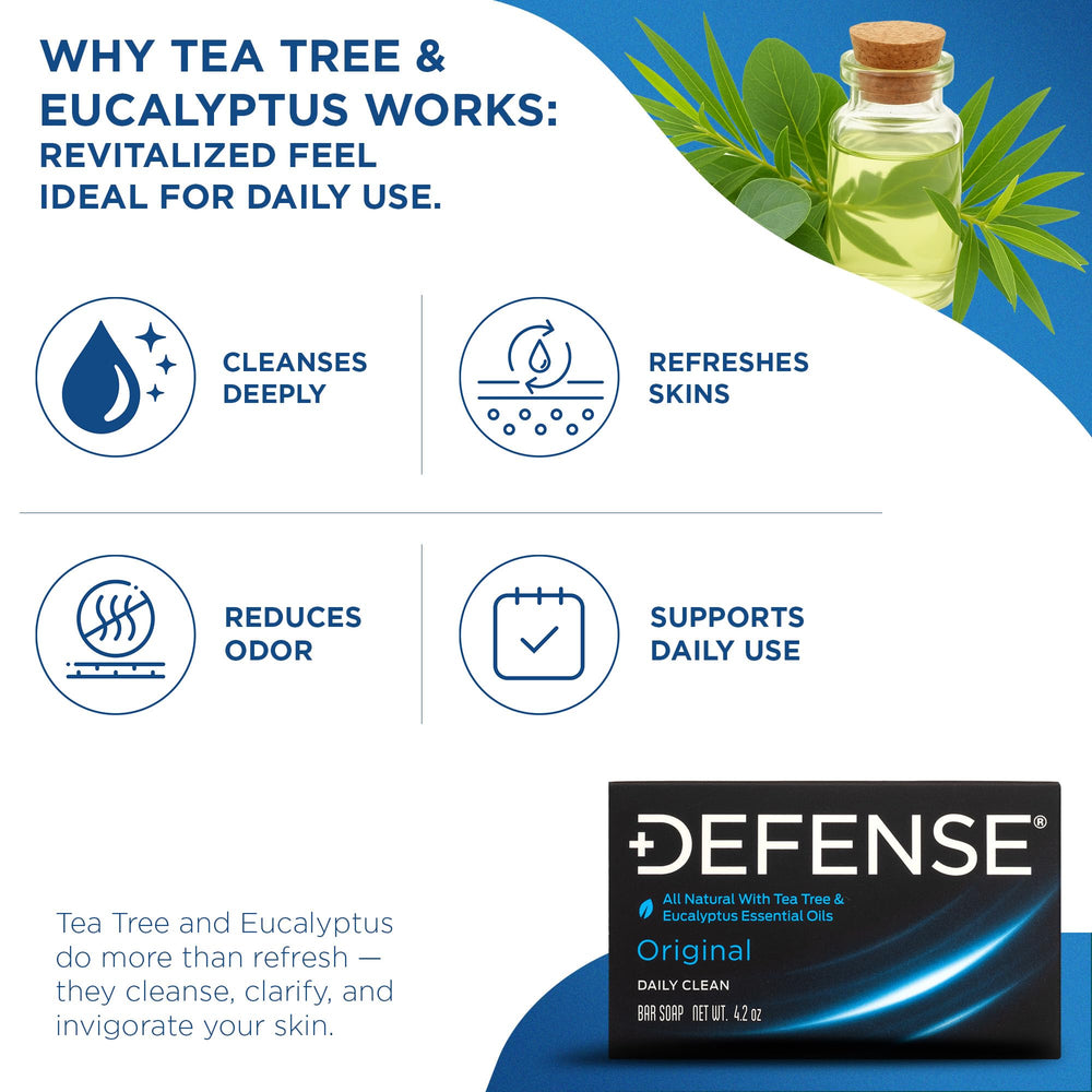 Defense Soap etiqueta lateral con ingredientes naturales y beneficios claros