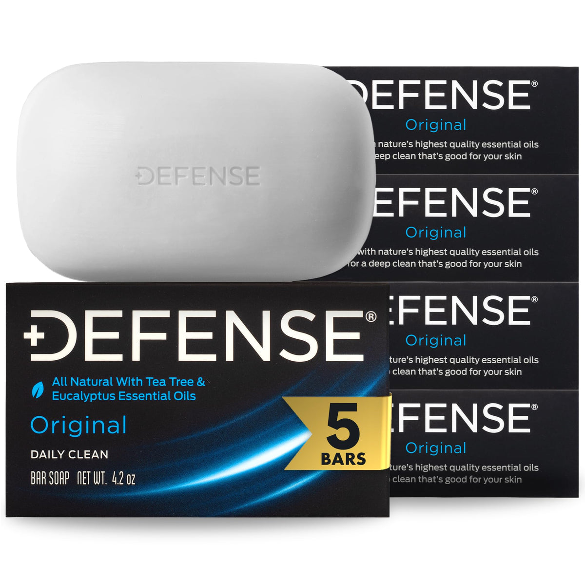 Defense Soap frontal del pack de 5 barras mostrando presentación práctica
