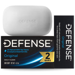 Defense Soap barra frontal mostrando el paquete y ventaja de limpieza profunda