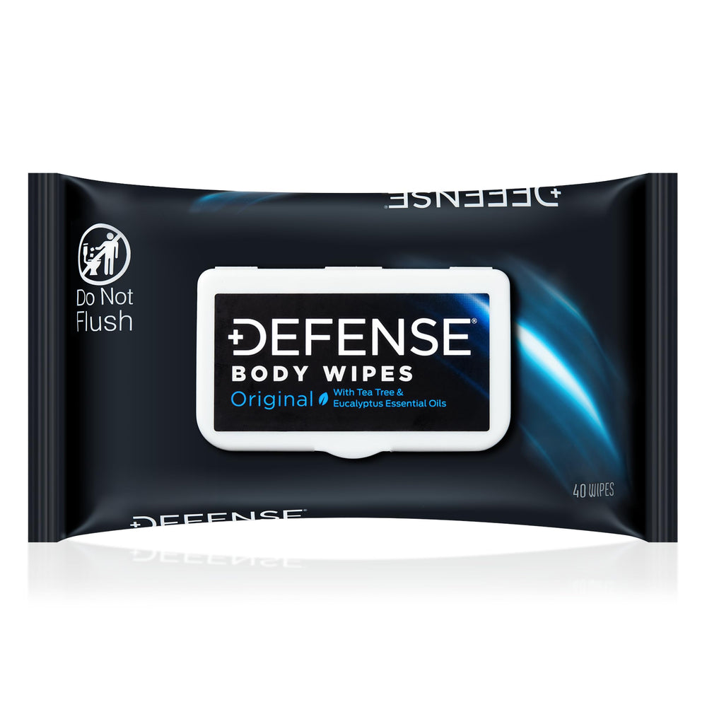 Defense Soap paquete frontal mostrando 40 toallitas y beneficio portable