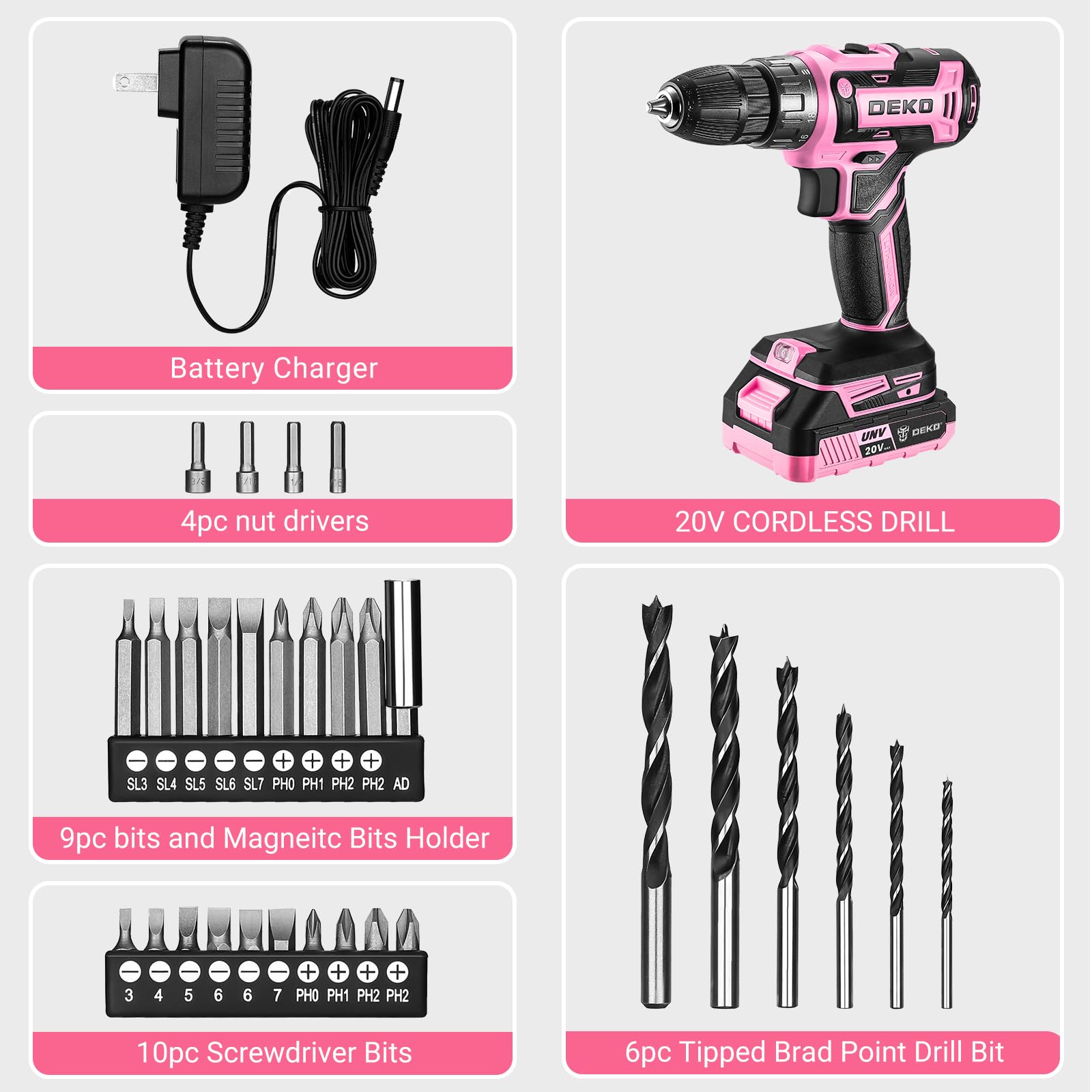 DEKOPRO kit completo con taladro, cargador y accesorios incluidos