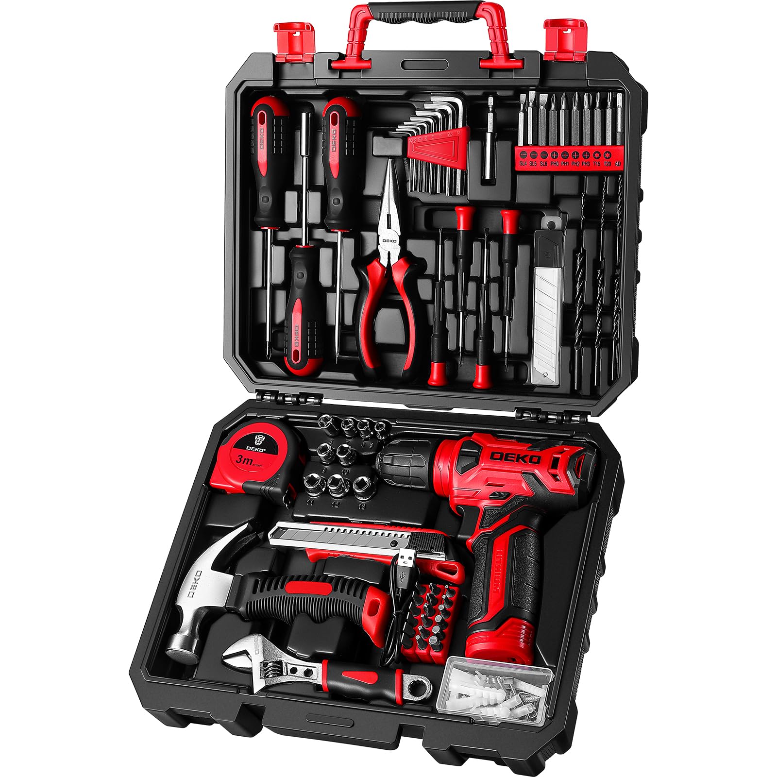 DEKOPRO taladro frontal rojo mostrando diseño compacto y ligero beneficios ergonomía