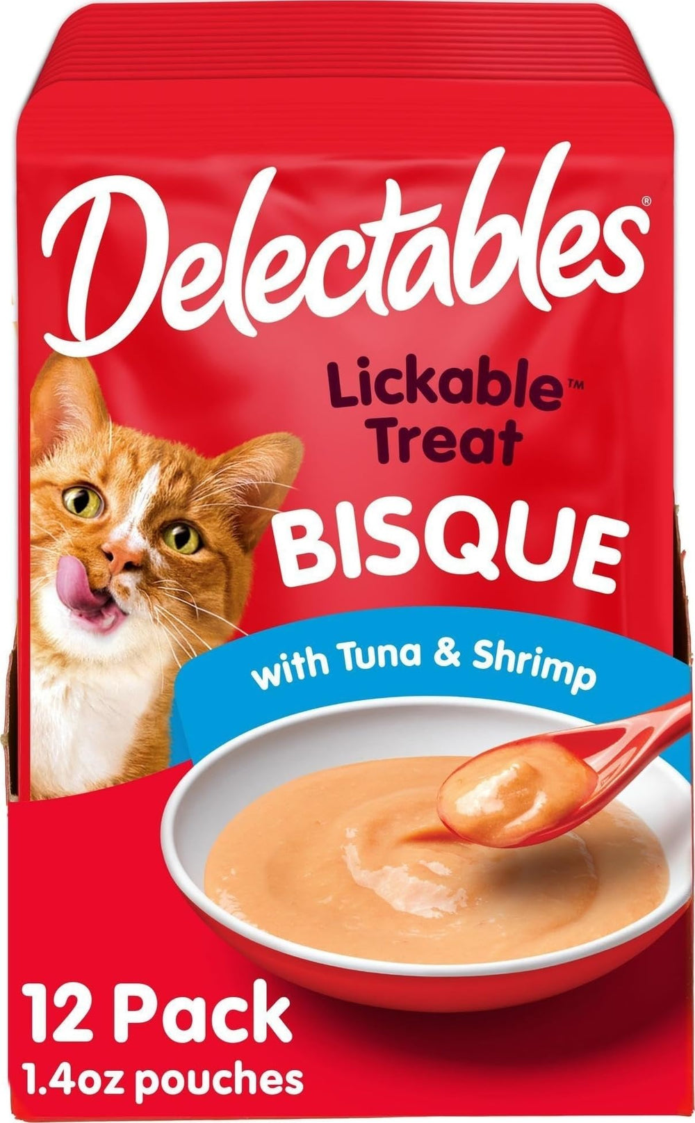 Delectables paquete frontal muestra atún y camarón y conveniencia de 12 sobres