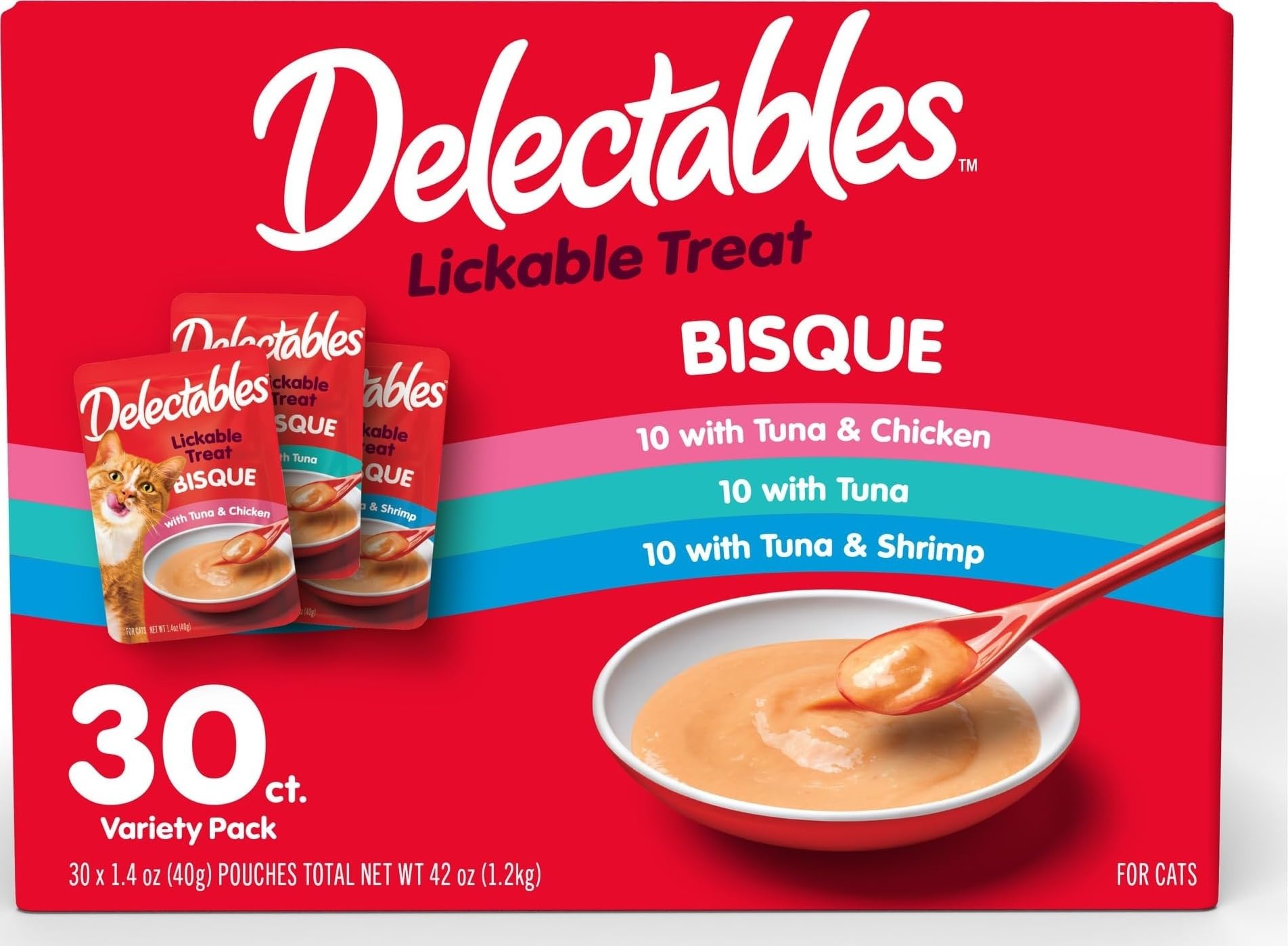 Delectables frente del empaque mostrando variedad y conveniencia