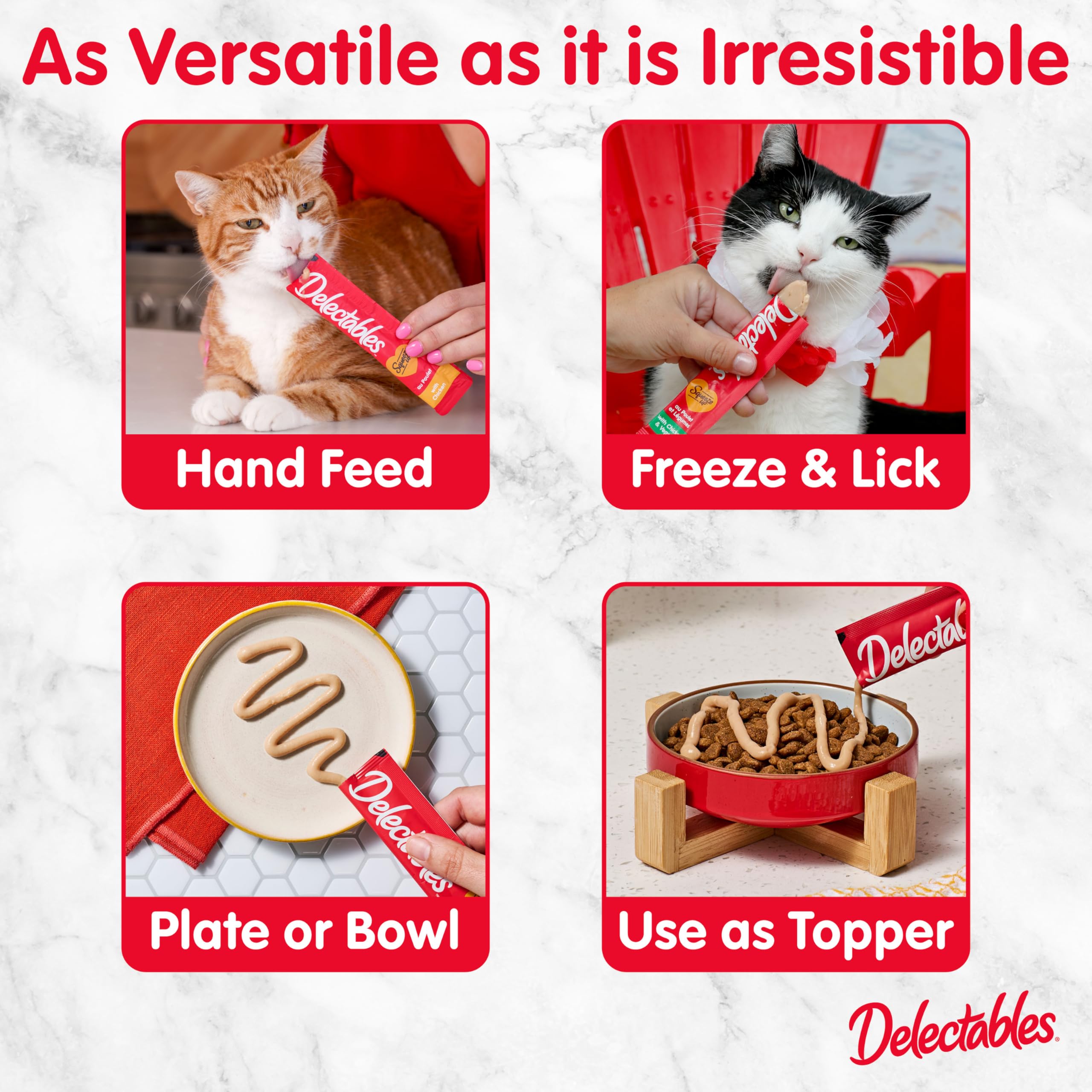 Delectables porción servida sobre comedero para gatos, facilitando mezcla con alimento