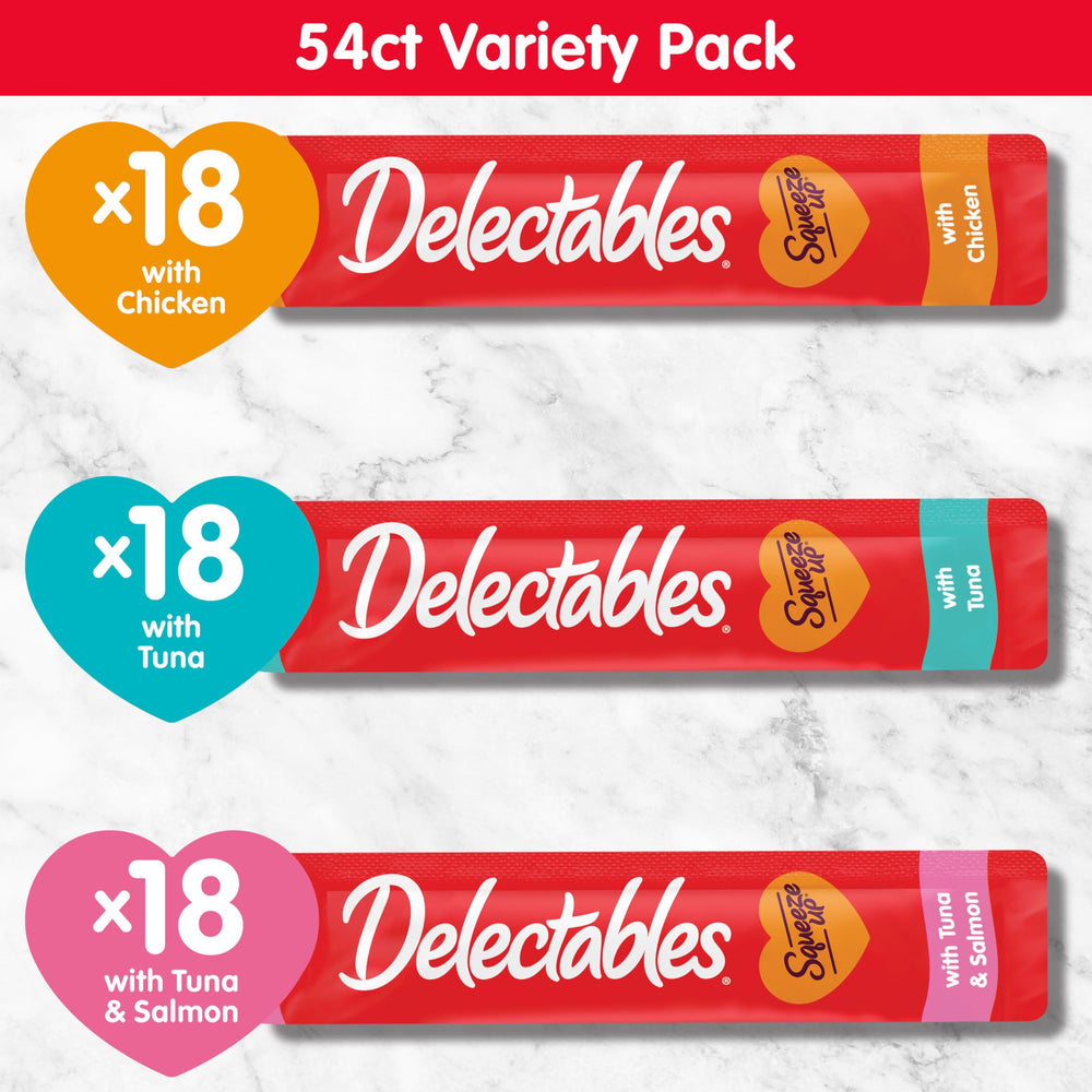 Delectables variedad de sabores pollo atún salmón para elección felina