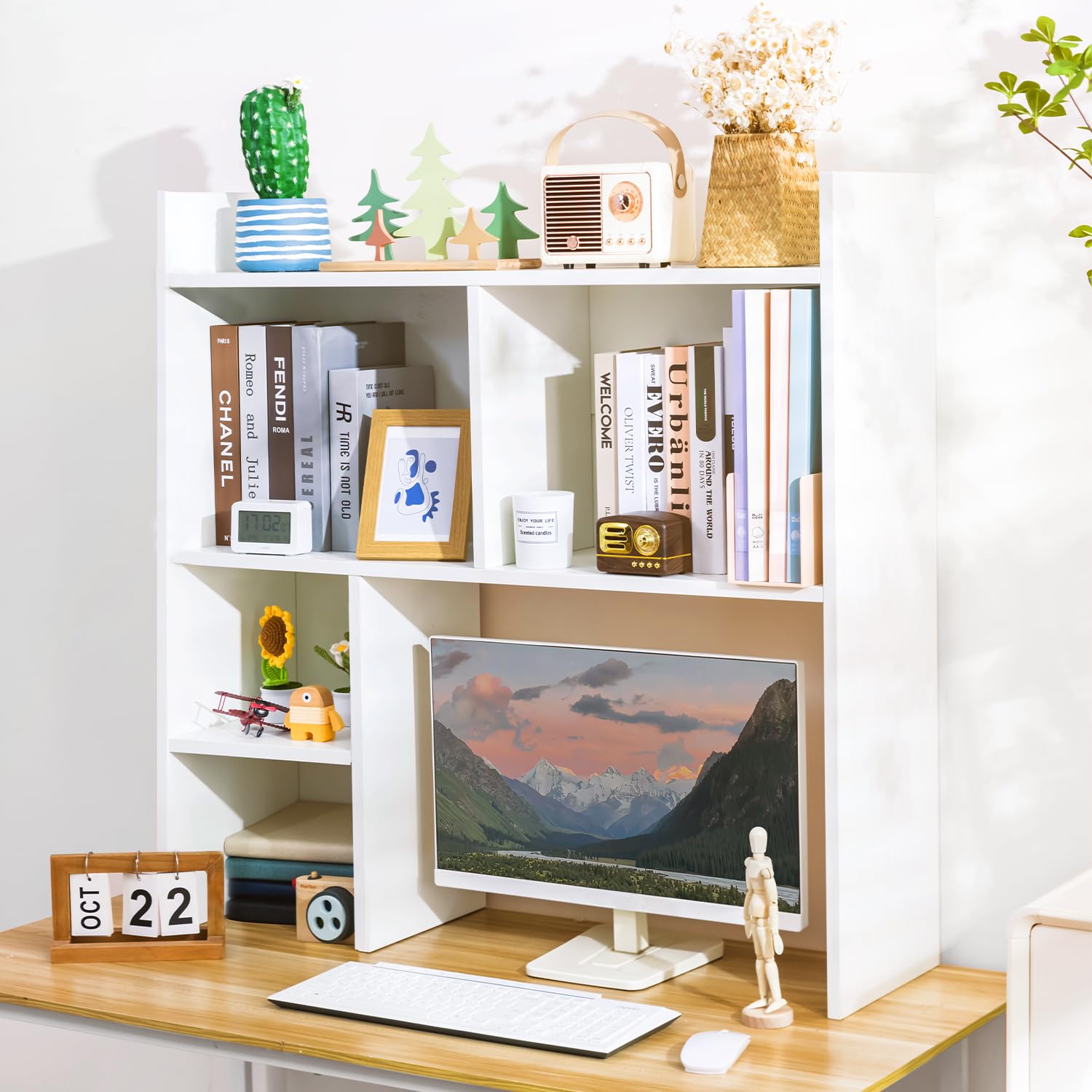 deli front view of white desk hutch showing five shelves and clean design benefit organization