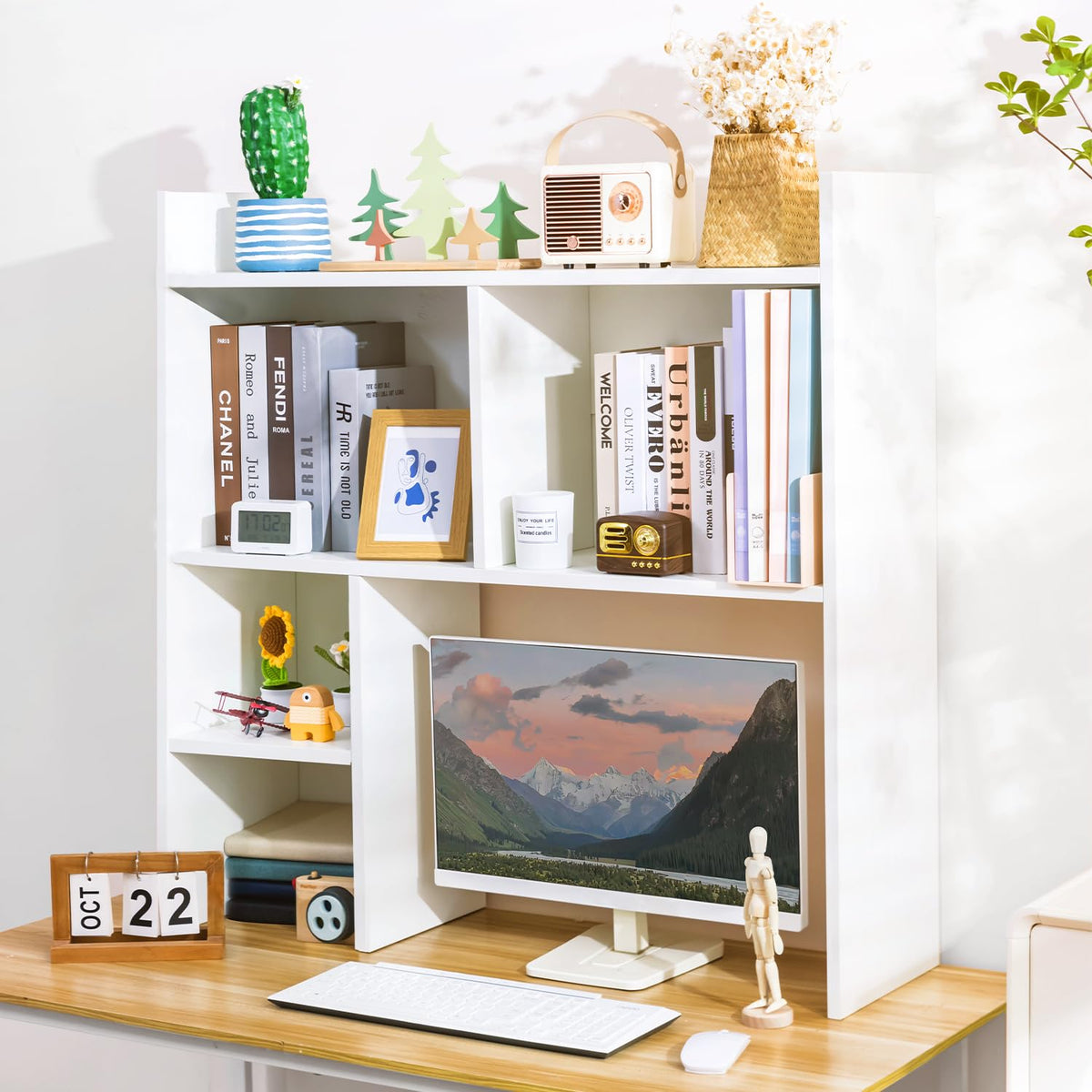 deli front view of white desk hutch showing five shelves and clean design benefit organization