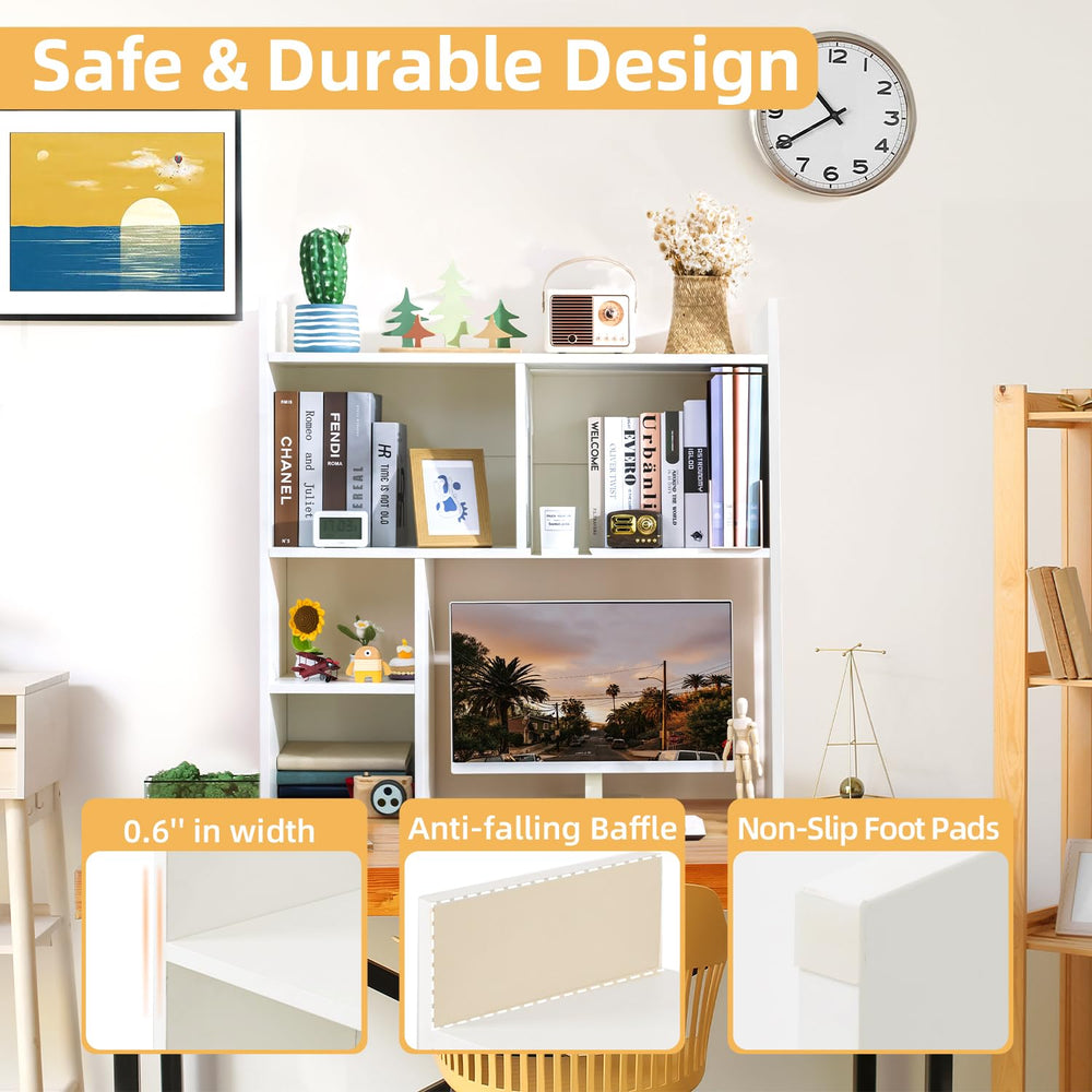 deli desk hutch in use on a home office desk holding books and monitor saving space