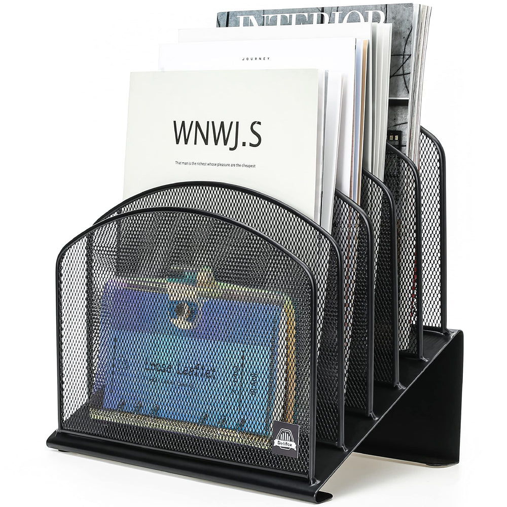 Delifox front view of 5-compartment file organizer shows neat storage benefit