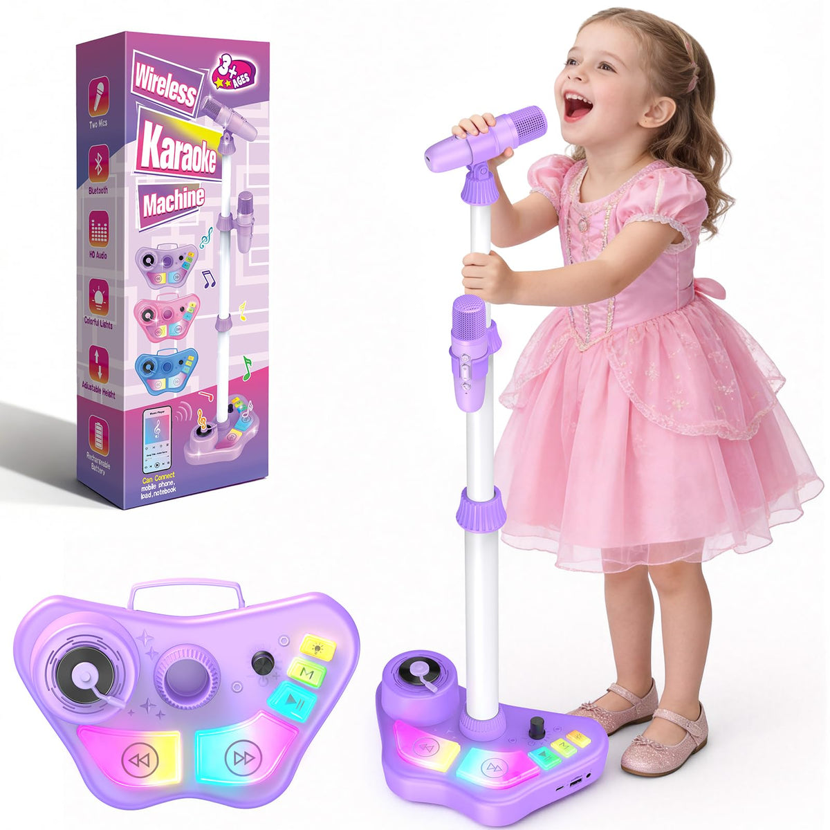 Delighkidz karaoke frente con soporte mostrando diseño y facilidad de uso