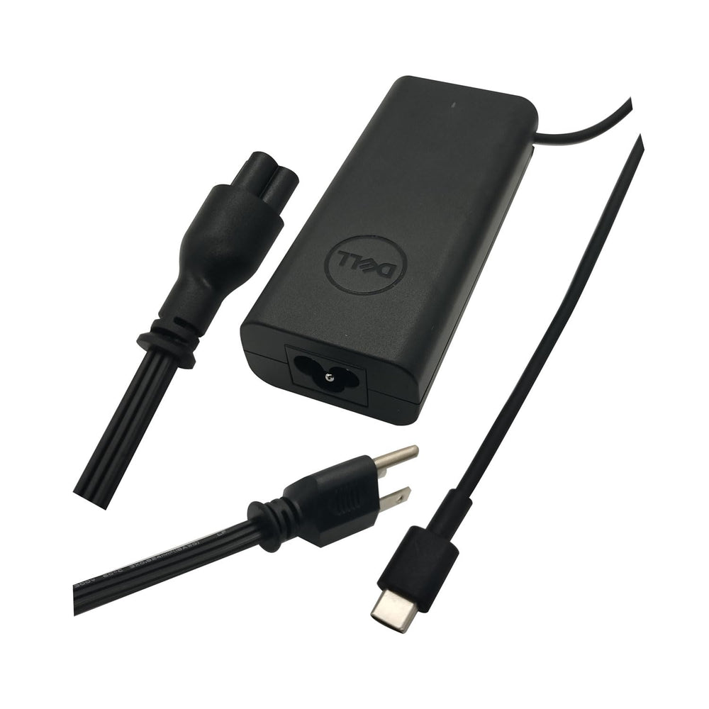Dell adaptador 65W detalle de textura y carcasa resistente
