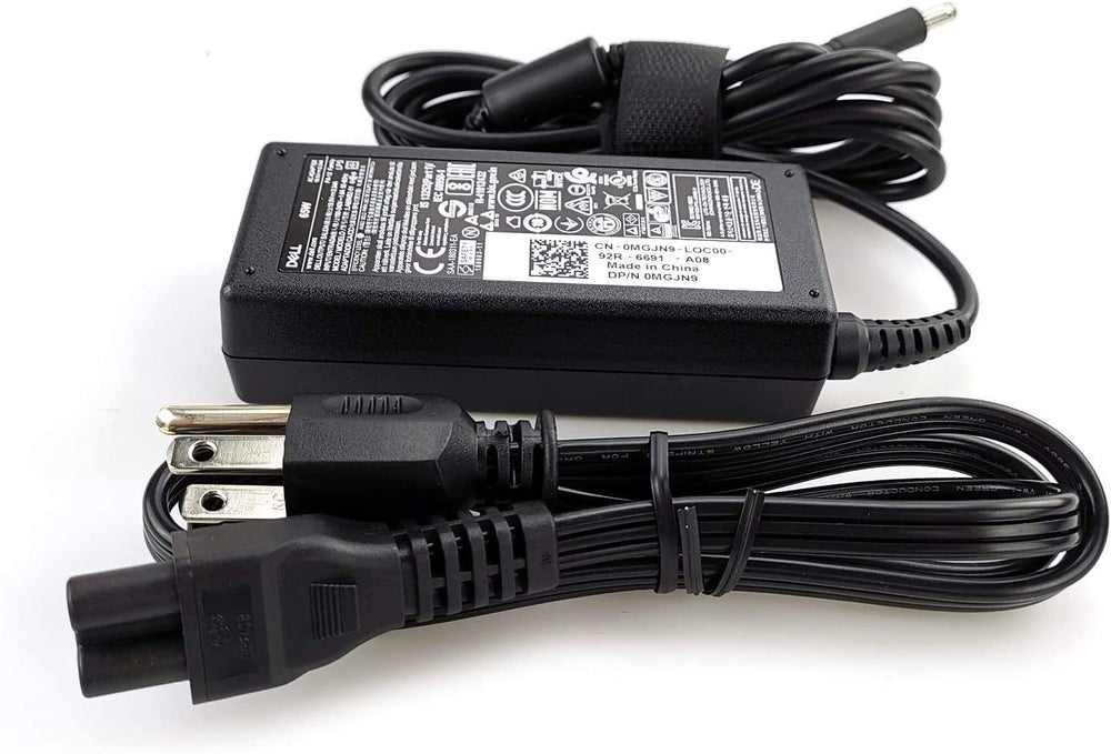 Dell charger label and specs closeup confirming 65W output and compatibility
