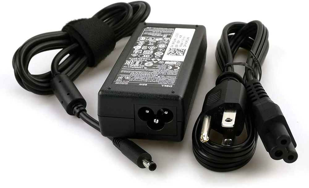 Dell 65W power adapter with detachable AC cord for easy travel convenience