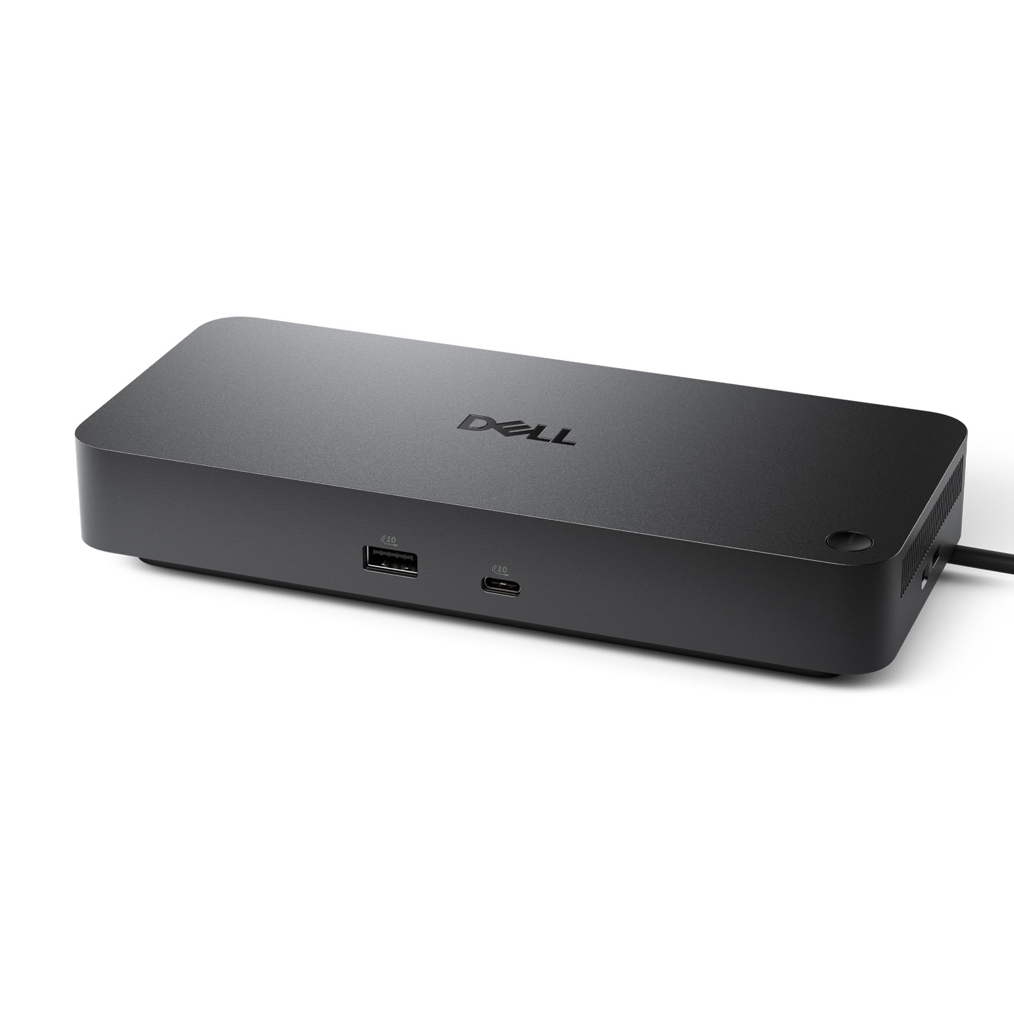 Dell WD25 frontal conectado que muestra puertos principales y organización eficiente