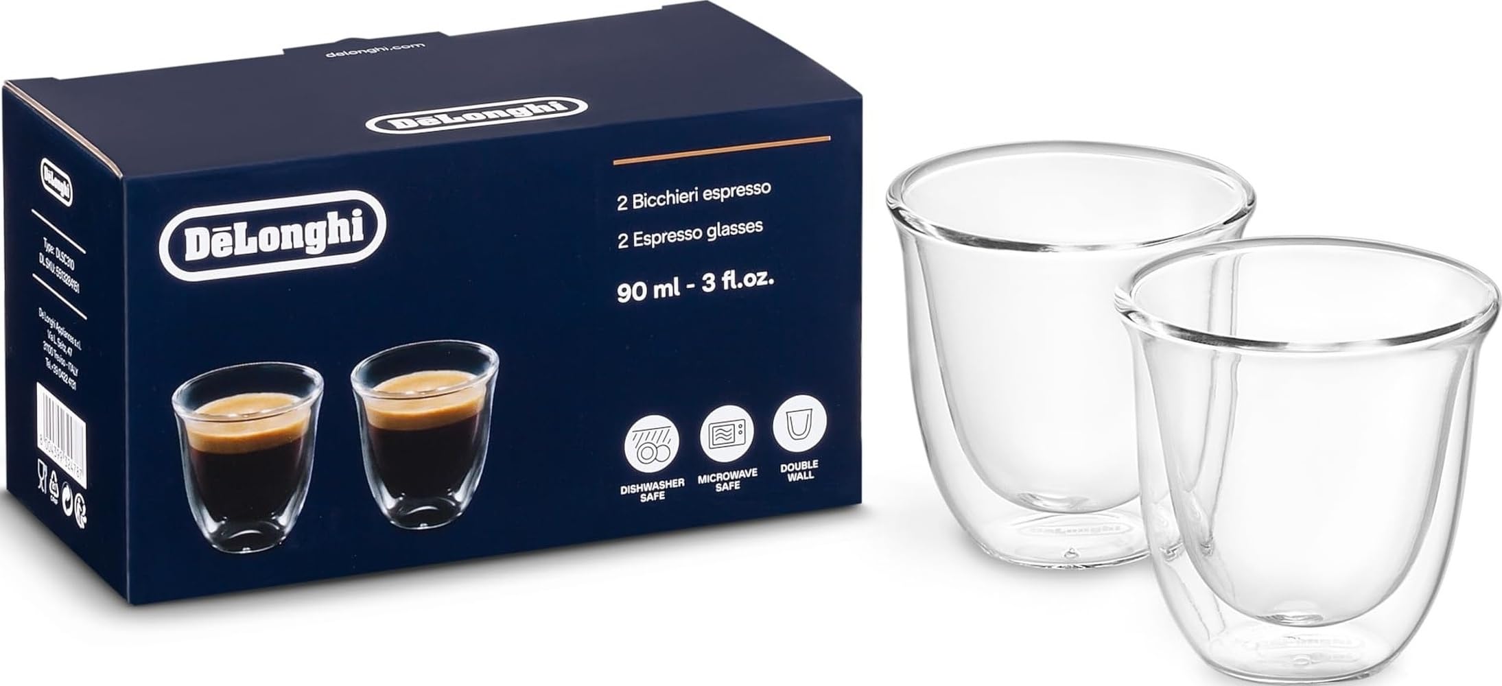 De'Longhi vaso frontal de 3 oz mostrando diseño tulipán y retención de calor