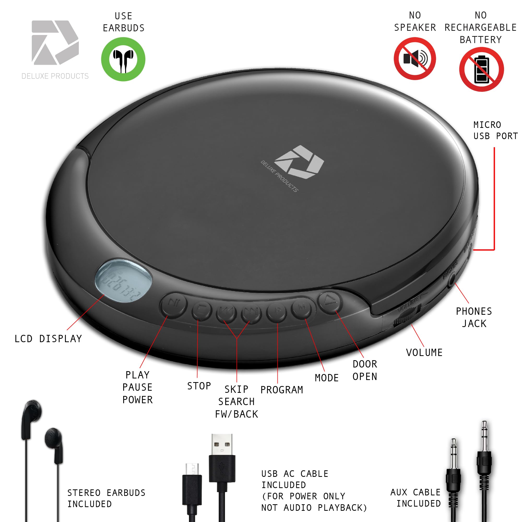 Deluxe Products reproductor conectado al estéreo del coche mediante cable aux para viaje
