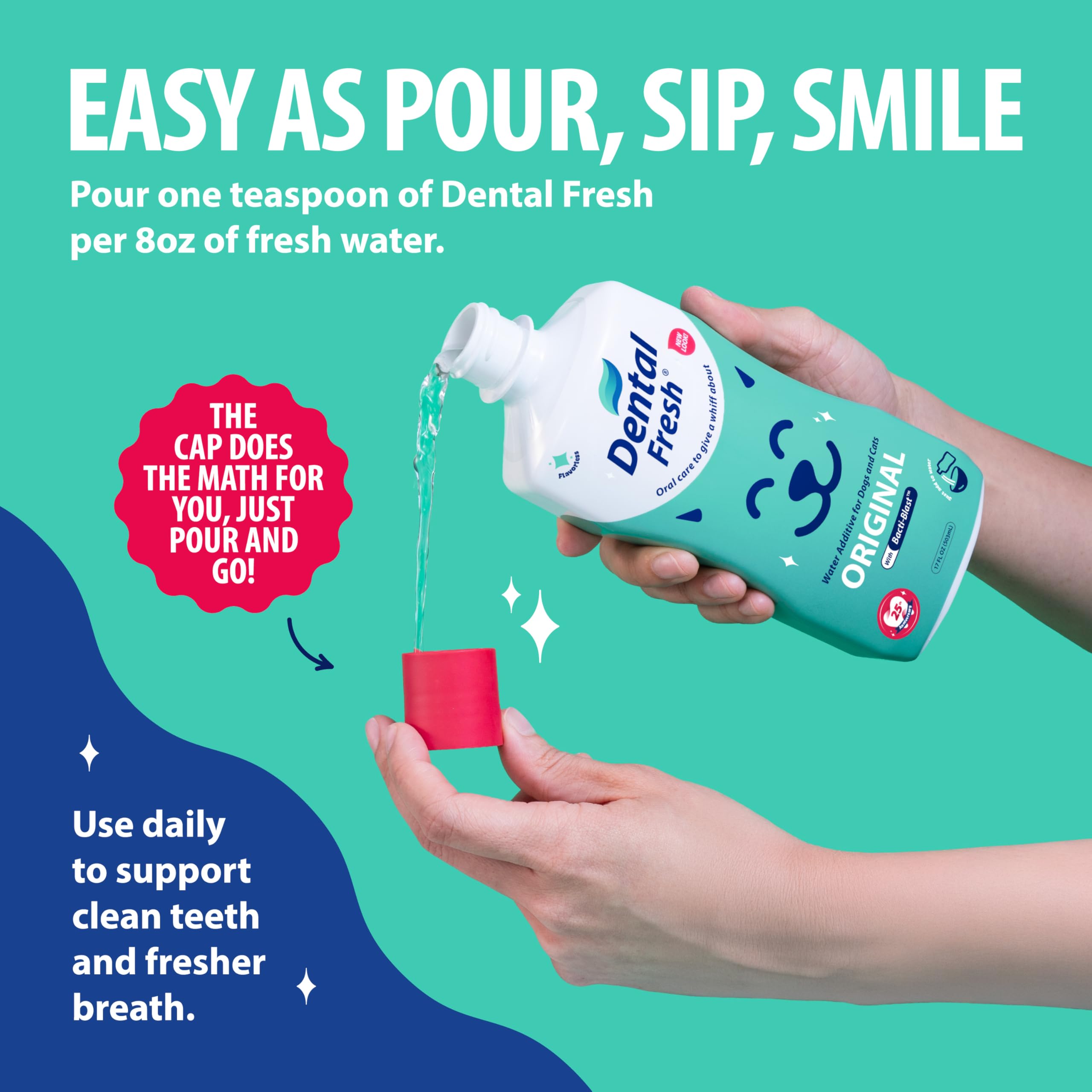 Dental Fresh vertiendo el aditivo en un bebedero, facilita higiene bucal diaria
