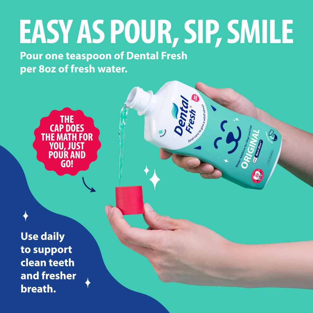 Dental Fresh vertiendo el aditivo en un bebedero, facilita higiene bucal diaria