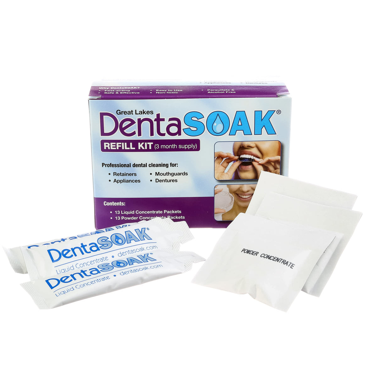 DentaSOAK frente del paquete mostrando sobres recarga y marca, limpieza práctica