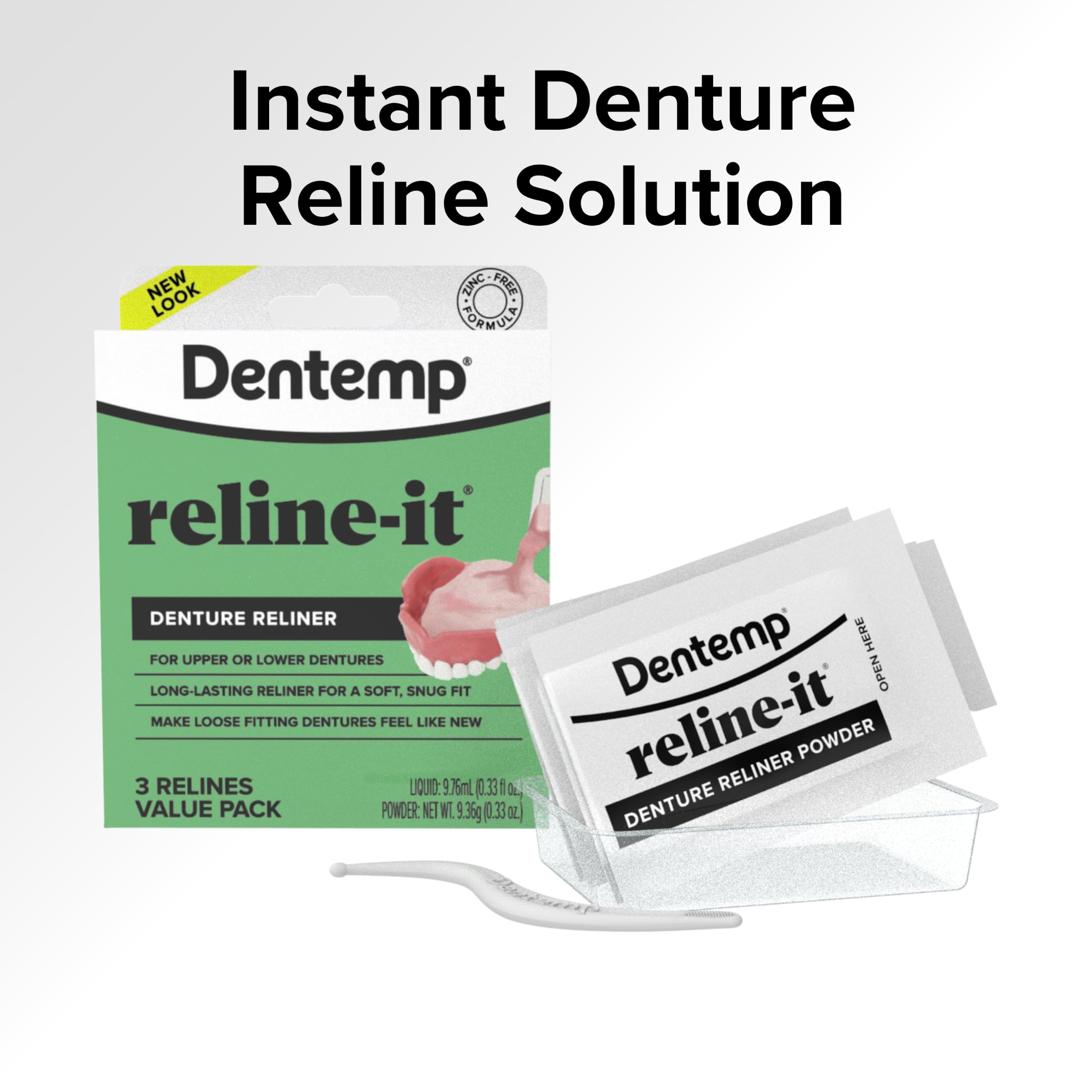 Dentemp aplicación del reliner en mano demostrando facilidad de uso