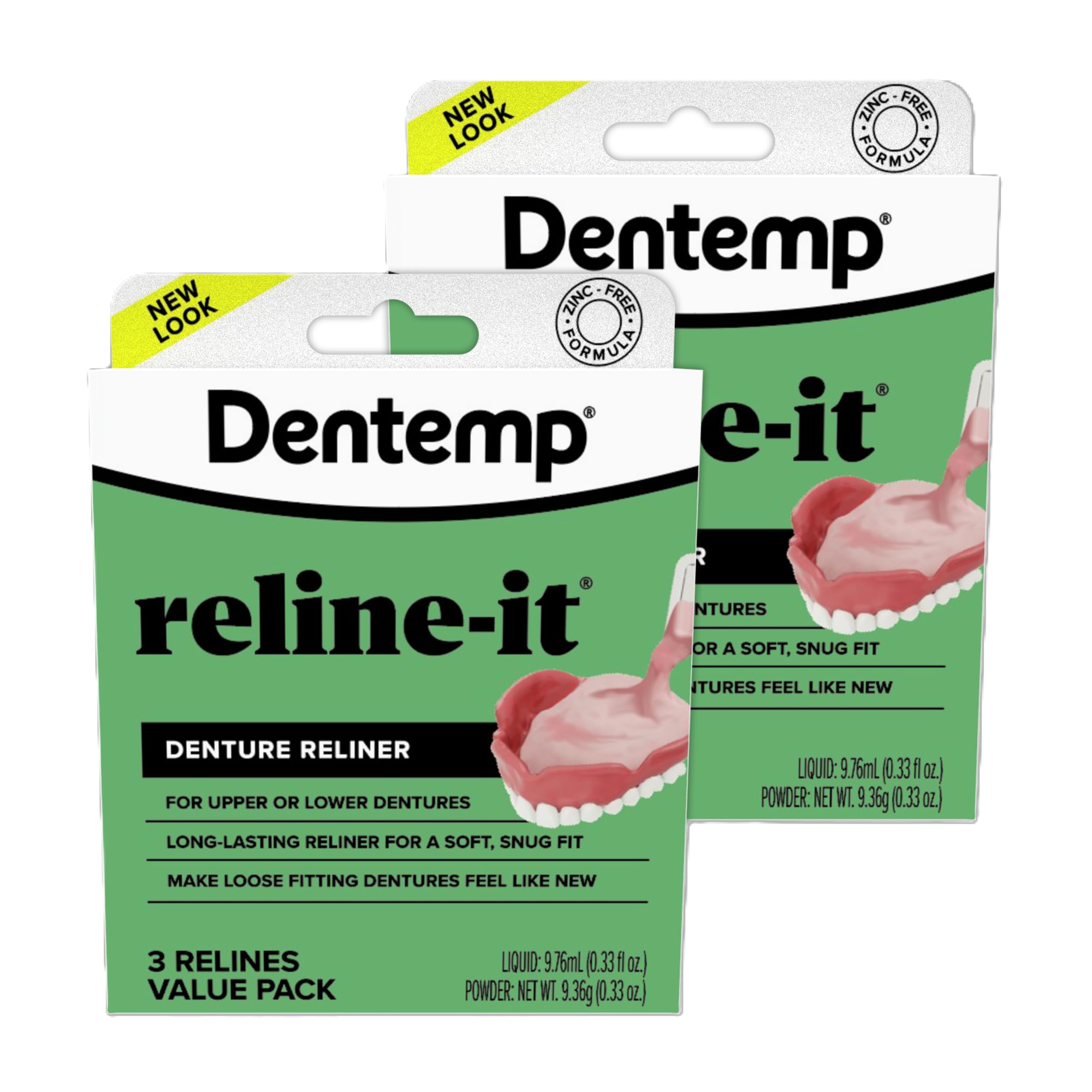 Dentemp empaque frontal mostrando kit reliner y beneficio ajuste