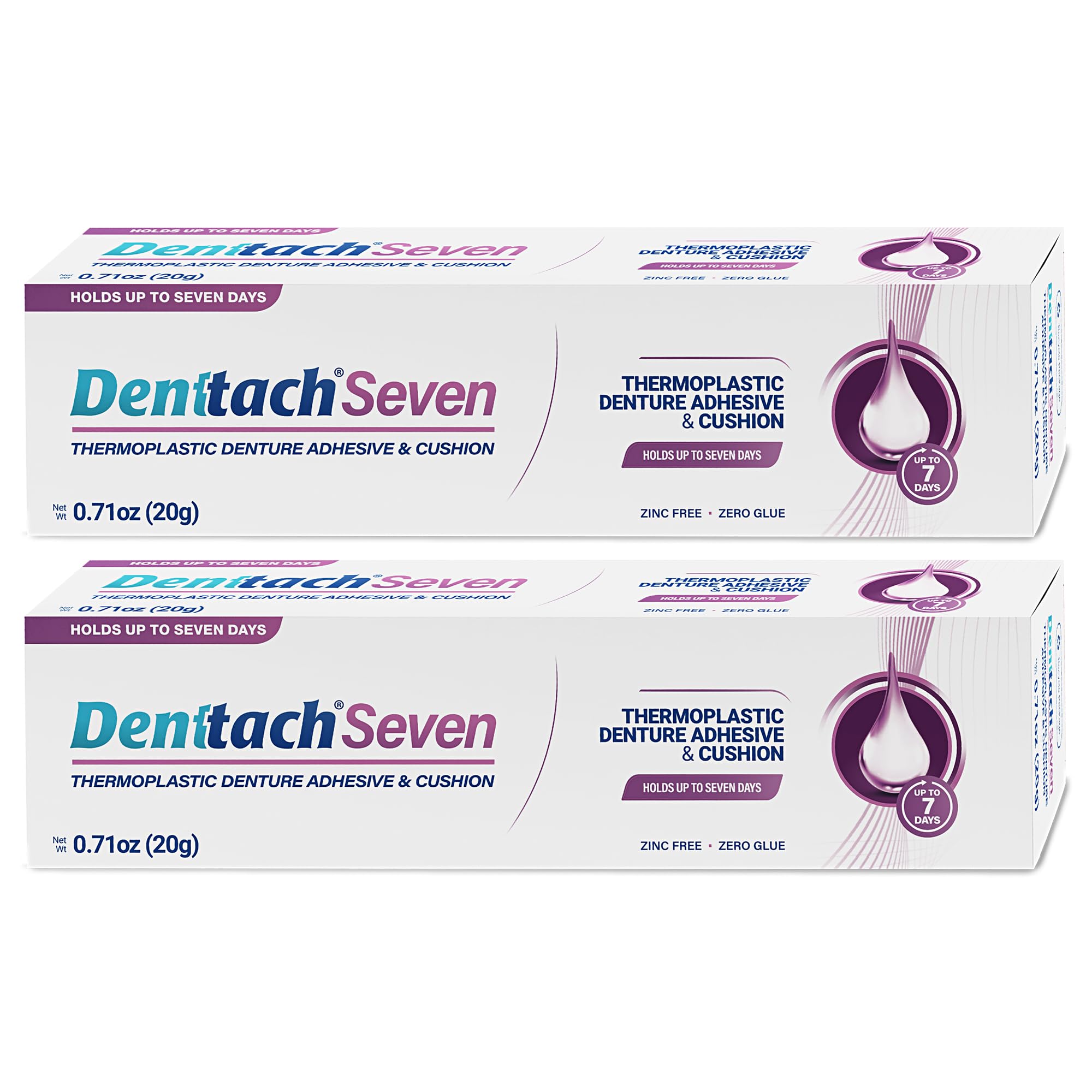 DENTTACH empaque frontal mostrando pack doble y beneficio de sujeción duradera