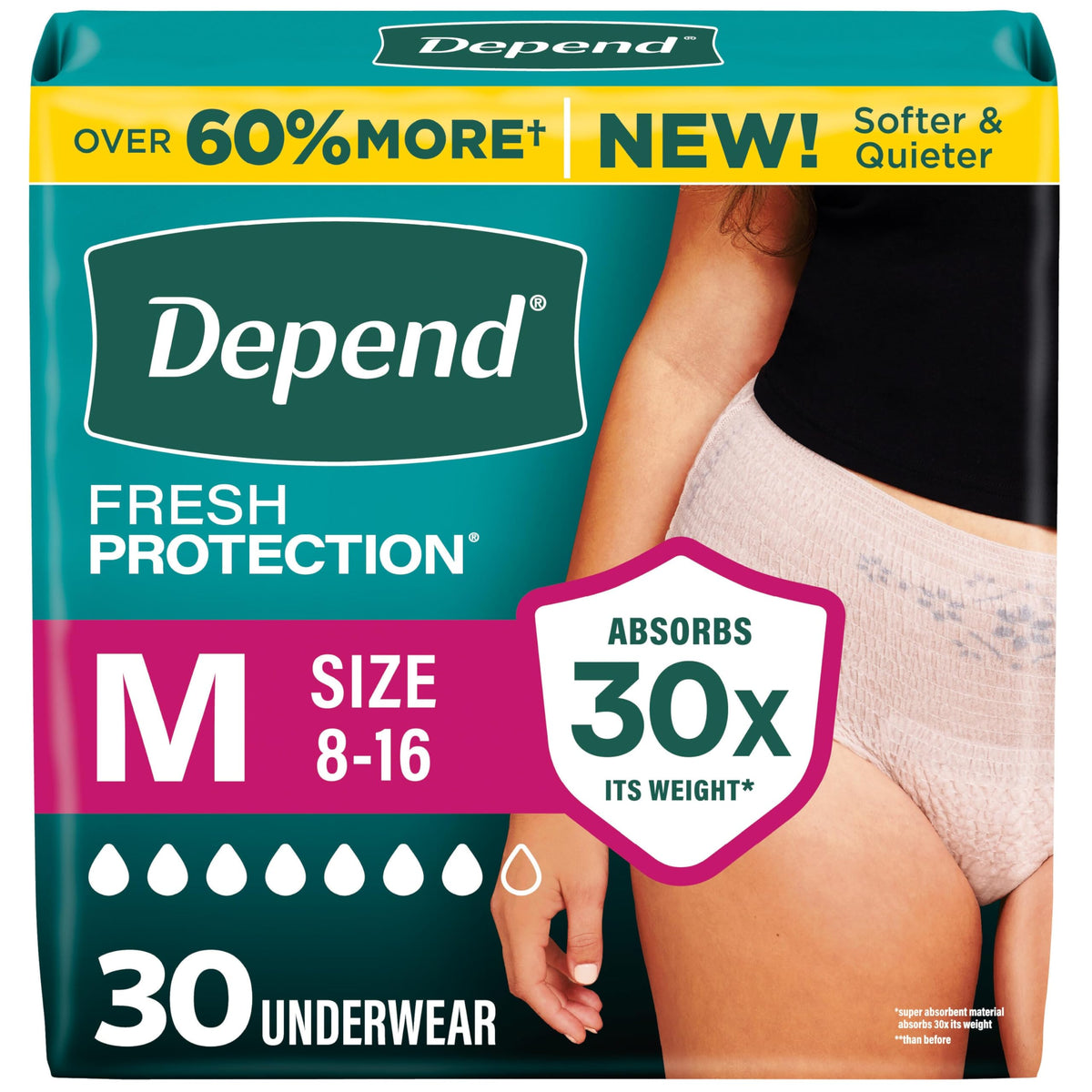 Depend paquete frontal mediano 30 unidades mostrando diseño y color rosa para confianza