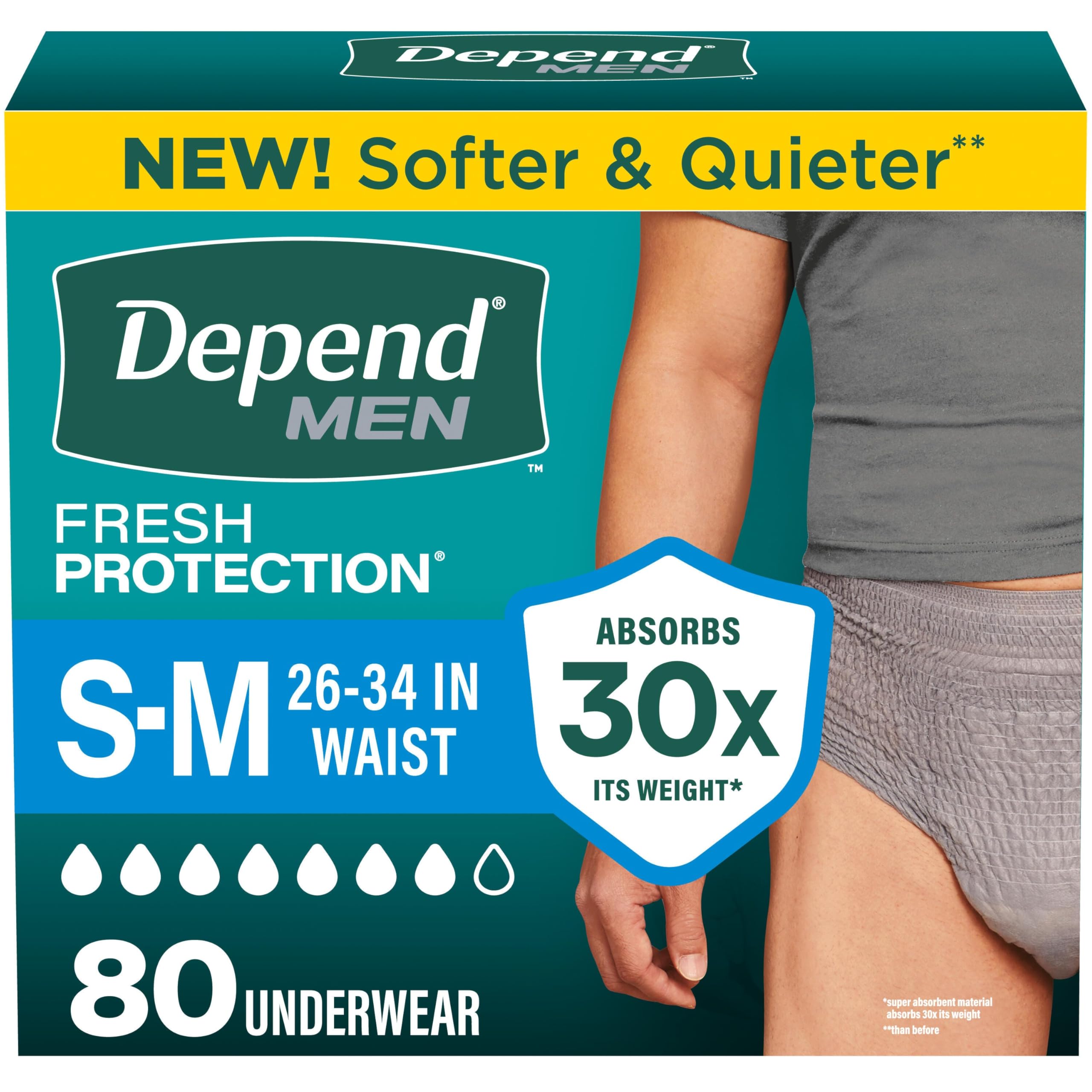 Depend paquete frontal mostrando 80 unidades y beneficios visibles