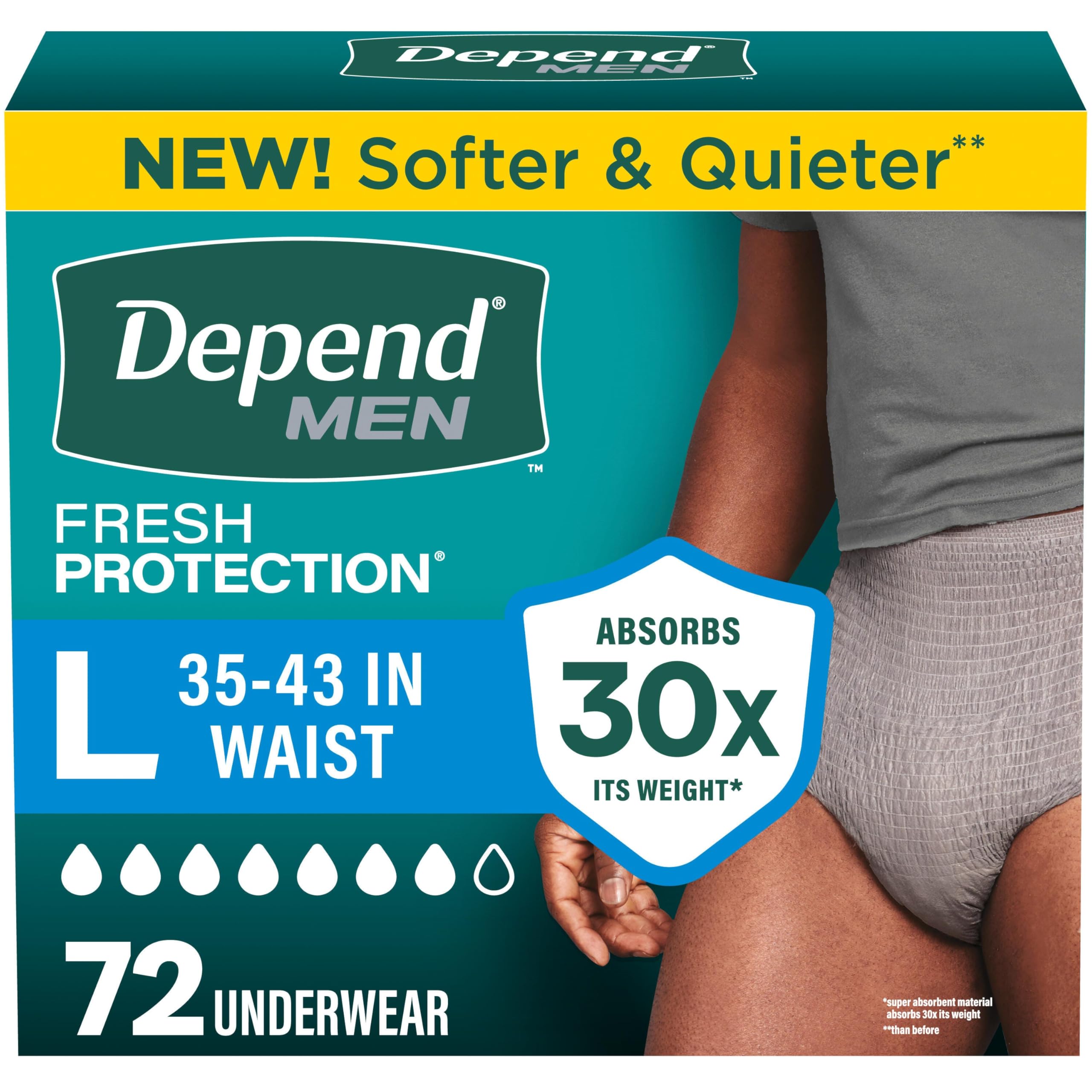 Depend frontal del empaque mostrando 72 unidades y protección discreta