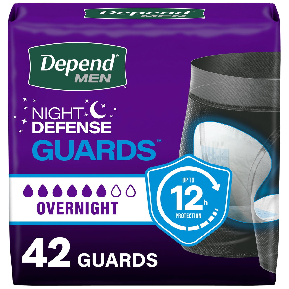 Depend protector frontal del empaque mostrando el diseño y conteo 42