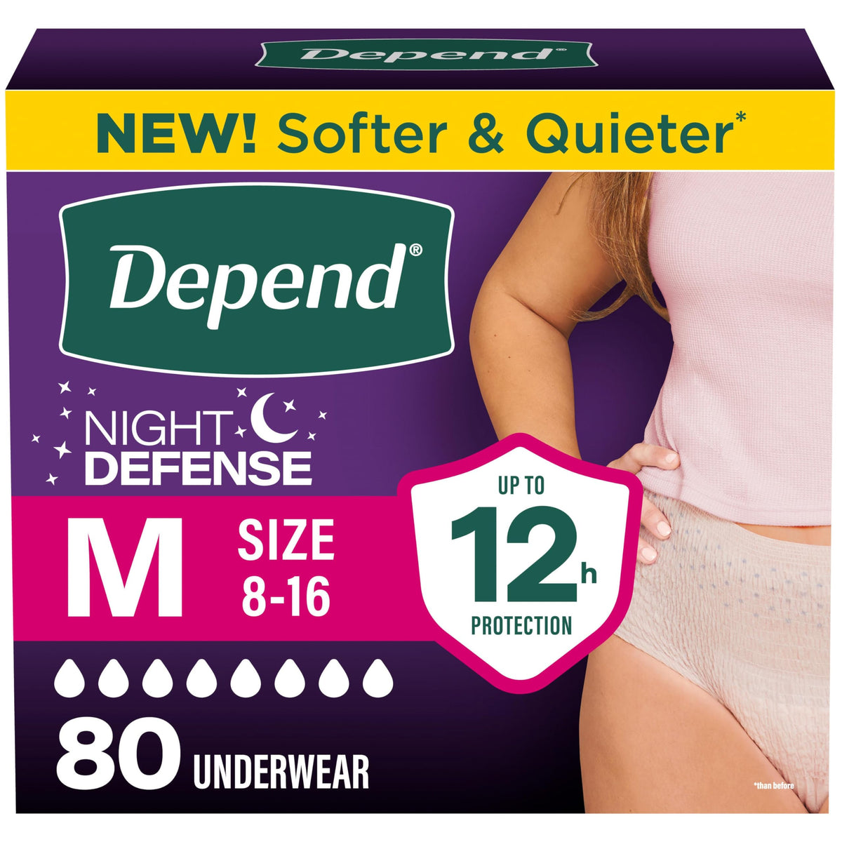 Depend empaquetado frontal mostrando 80 unidades y protección nocturna