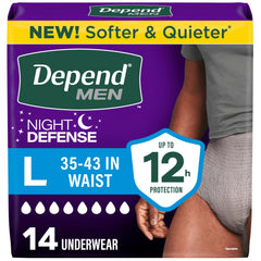 Depend paquete frontal mostrando 14 unidades y beneficio de protección nocturna