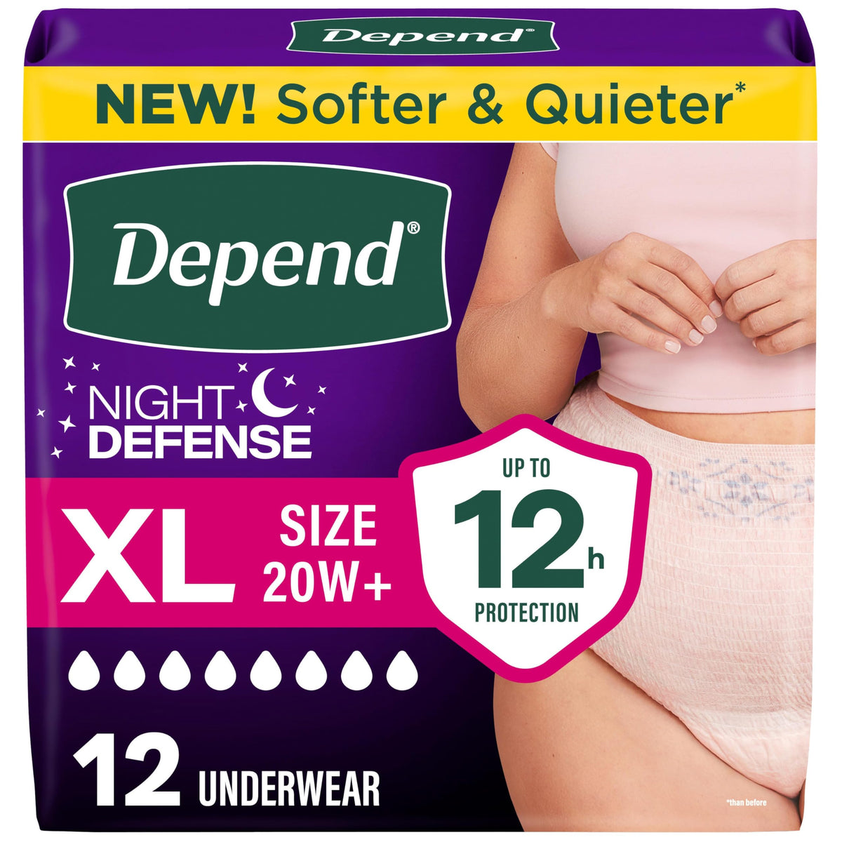 Depend paquete frontal mostrando 12 unidades y diseño visible para identificación rápida