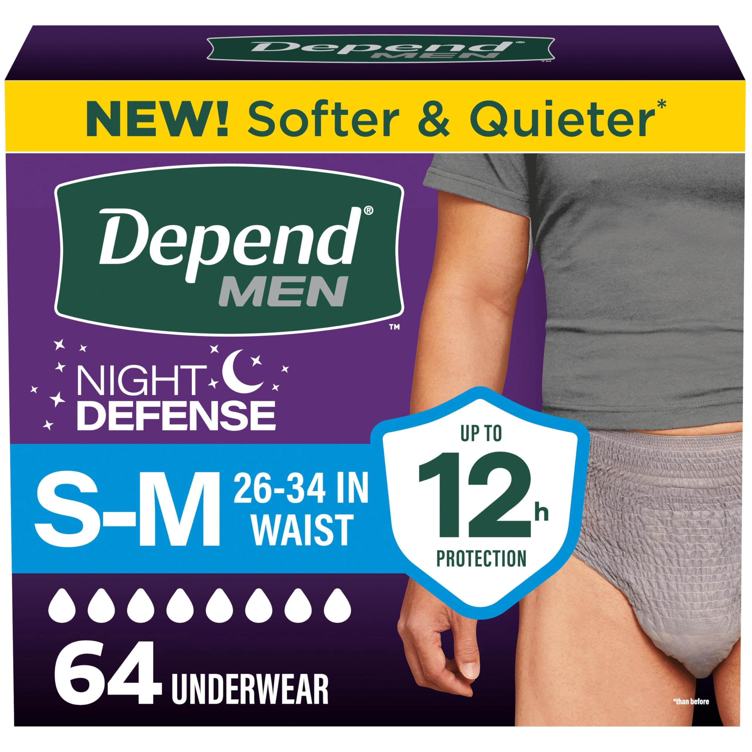 Depend paquete frontal de Night Defense para hombre mostrando el diseño y conteo