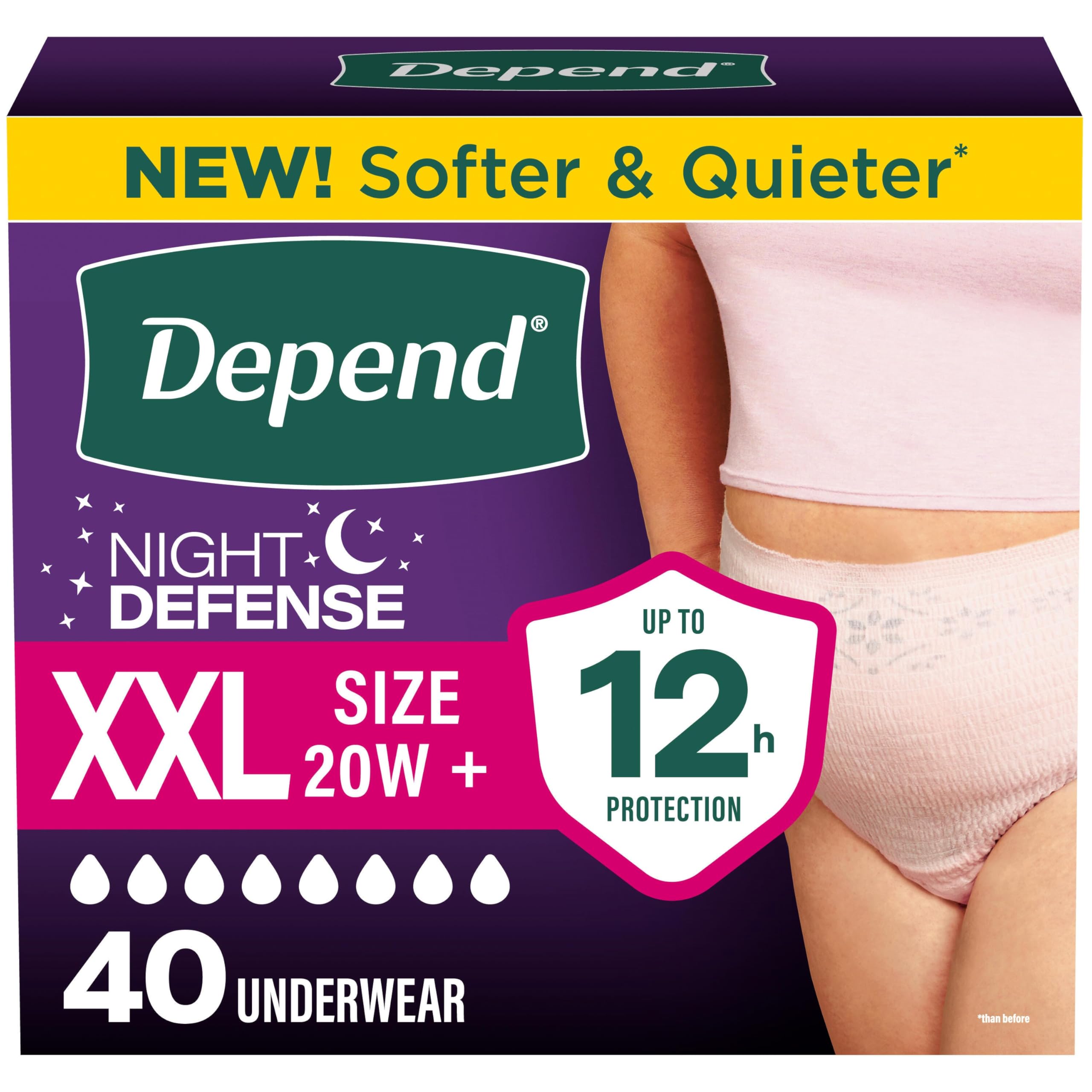 Depend paquete frontal Night Defense XXL mostrando cantidad 40 y beneficio seguridad nocturna