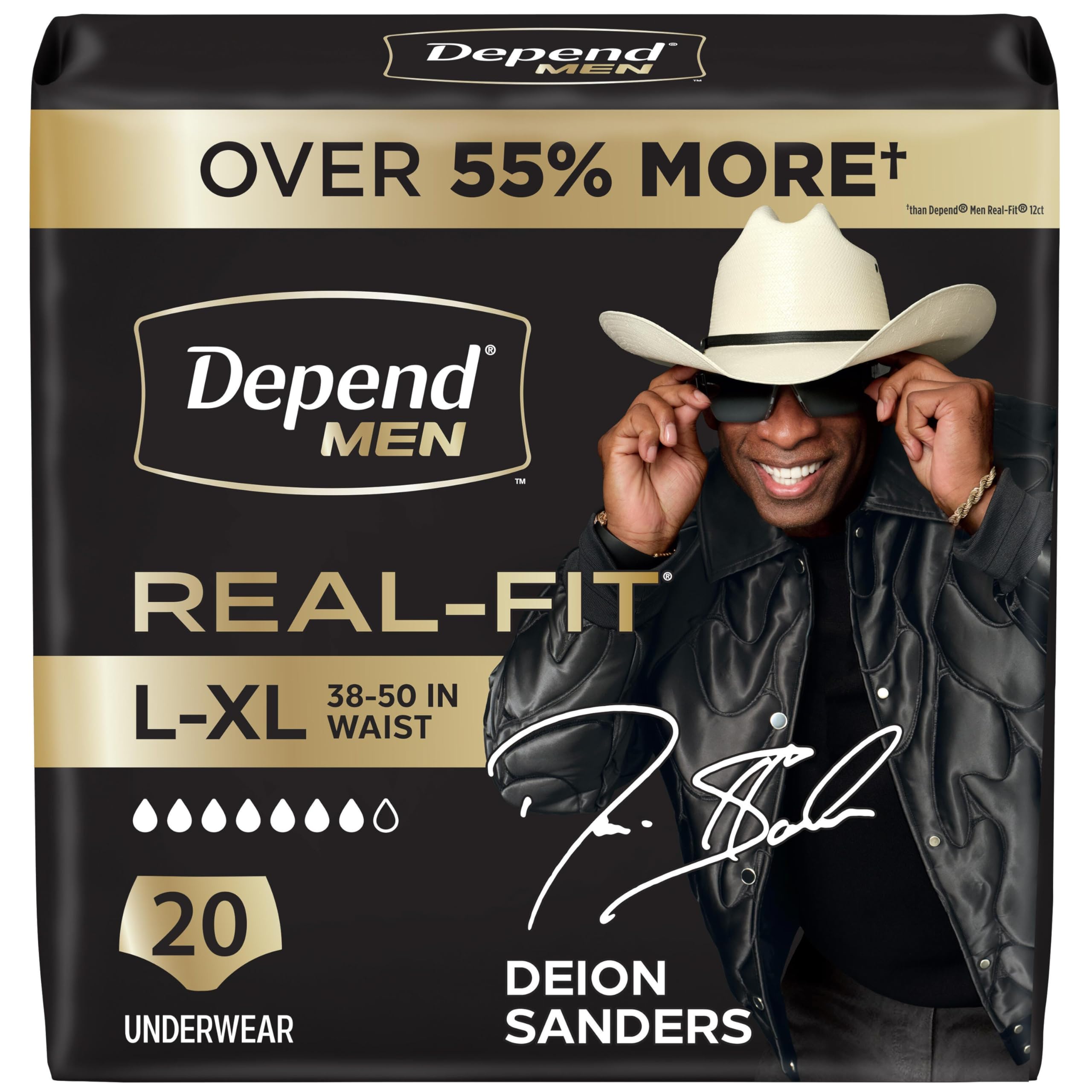 Depend empaque frontal mostrando 20 unidades y talla L/XL, comodidad visible
