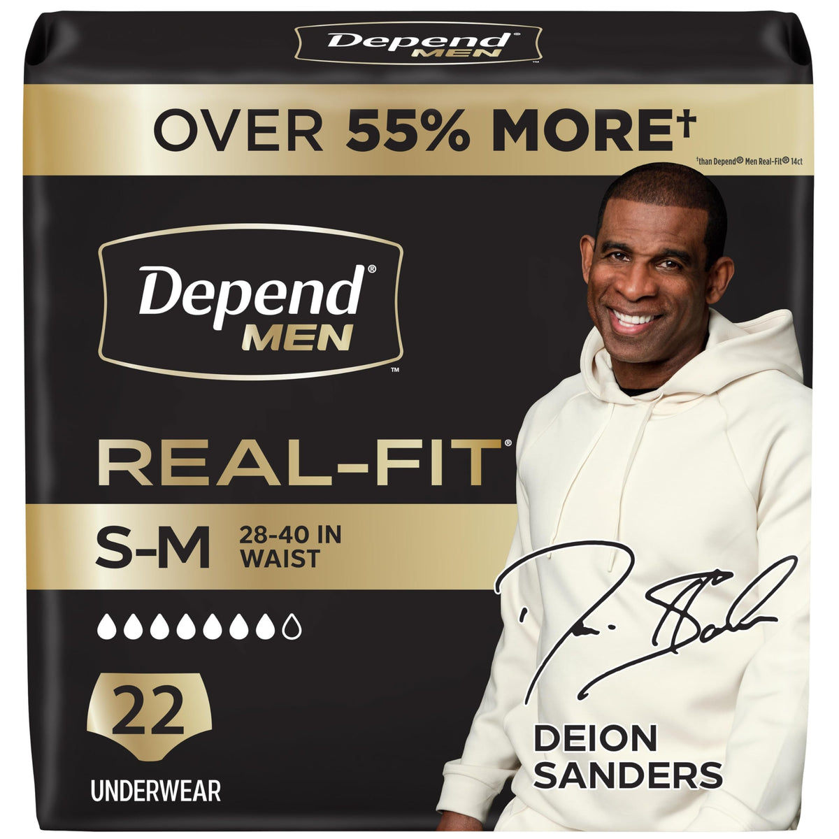 Depend front packaging showing product count and benefits for confident protection