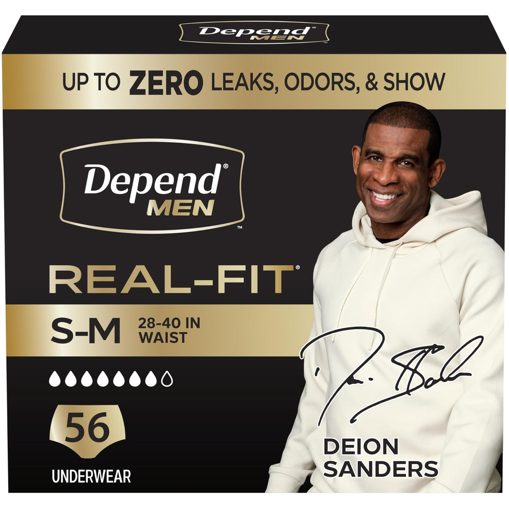 Depend empaque frontal mostrando 56 unidades y beneficio de protección discreta