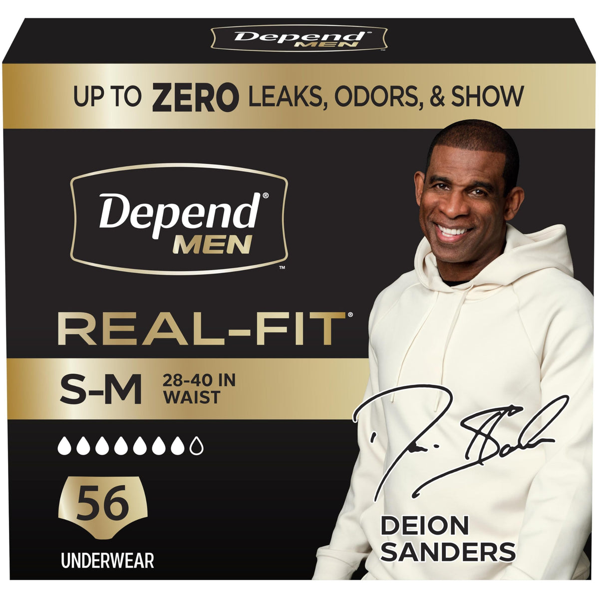 Depend empaque frontal mostrando 56 unidades y beneficio de protección discreta