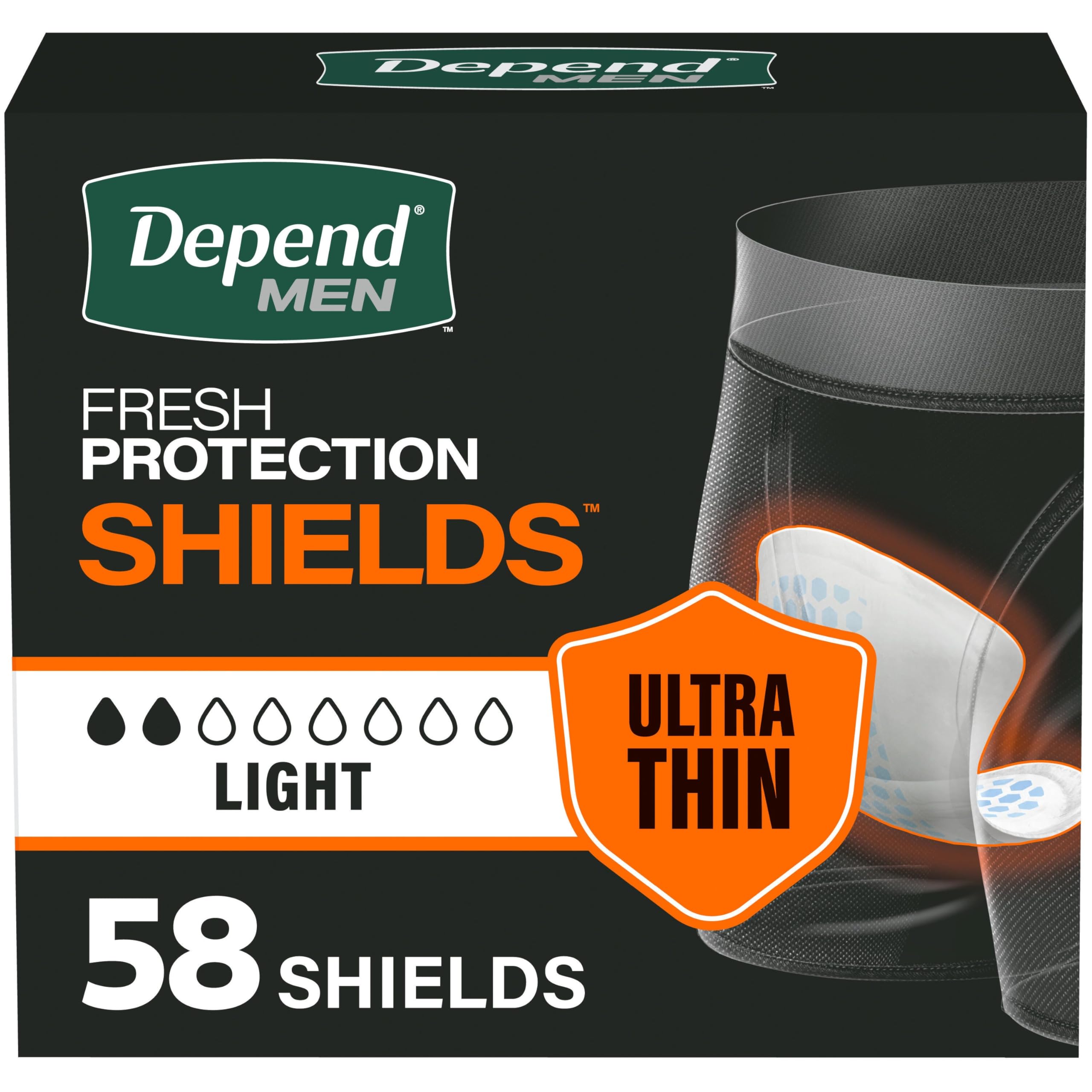 Depend almohadilla frontal mostrando paquete y beneficio discreción