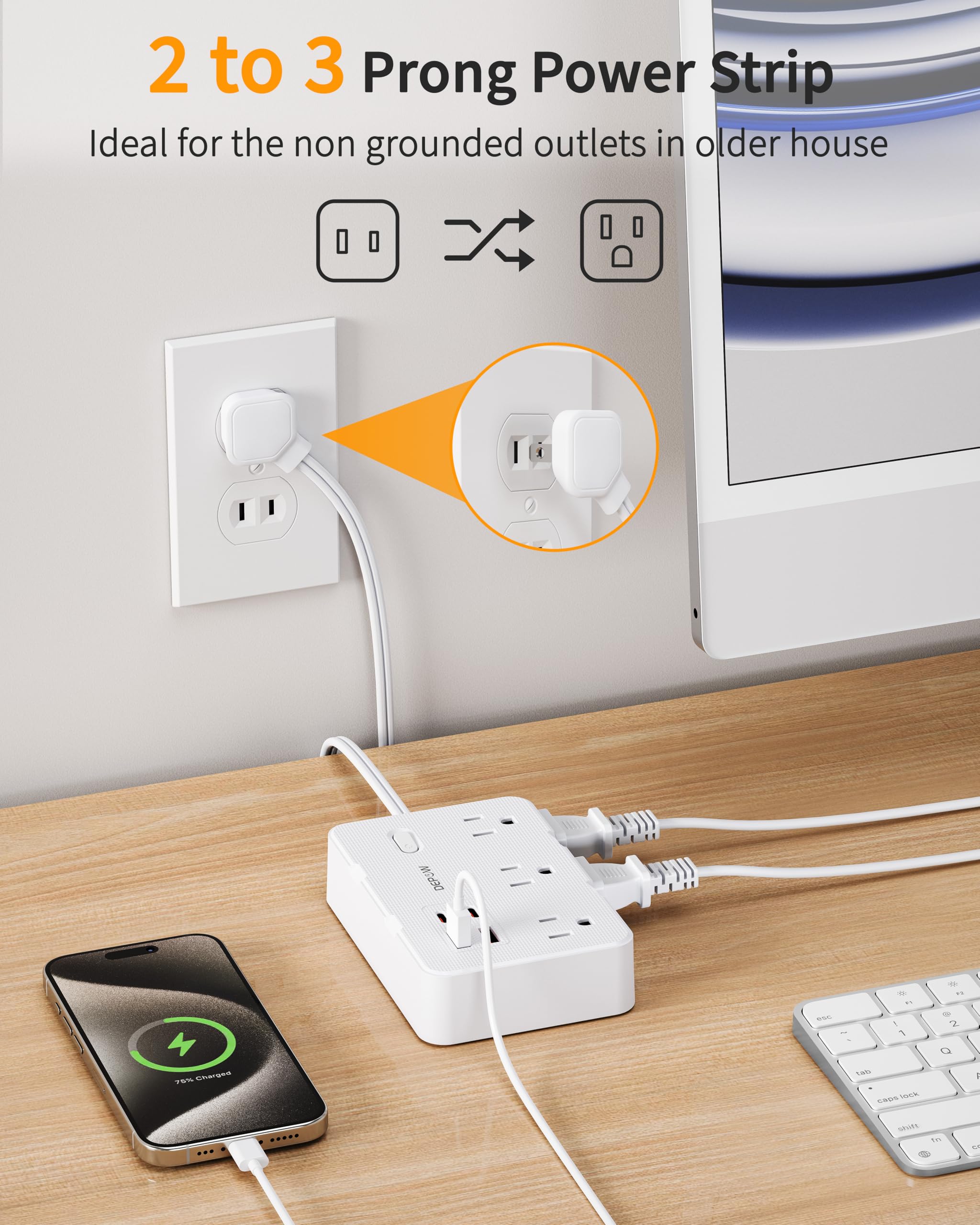 DEPOW detalle de puertos USB-C y USB-A, carga rápida para dispositivos
