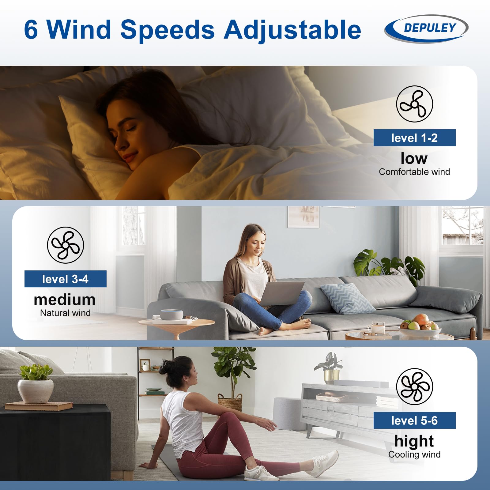 Depuley ventilador en sala mostrando escala y cobertura de aire en habitación