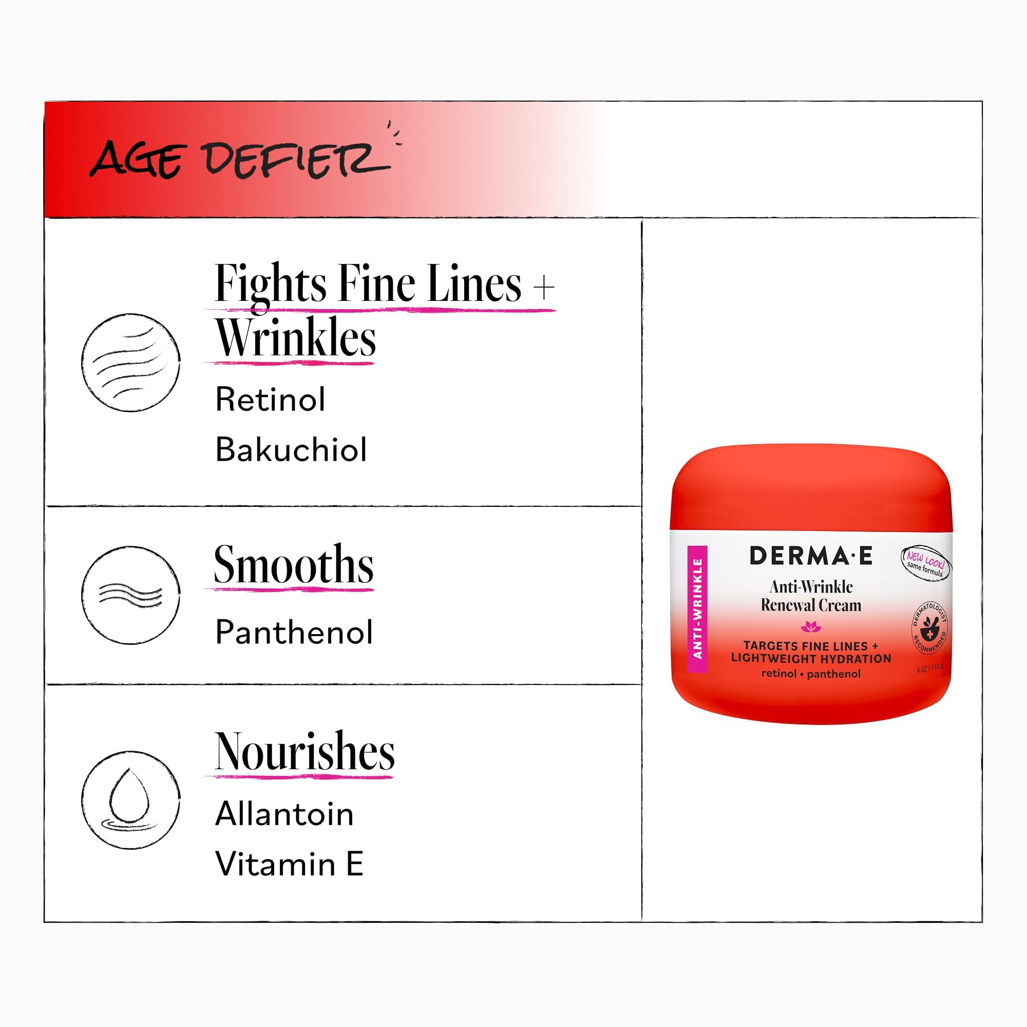 Derma E etiqueta con lista de ingredientes clave y beneficios calmantes