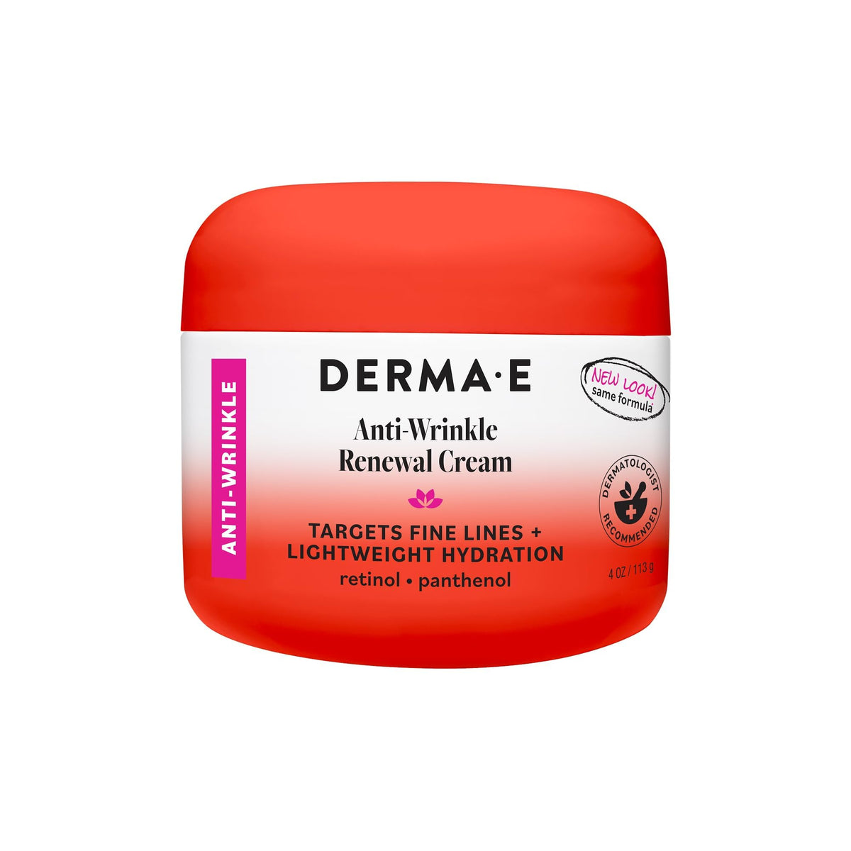 Derma E frasco delantero mostrando etiqueta y beneficio hidratante