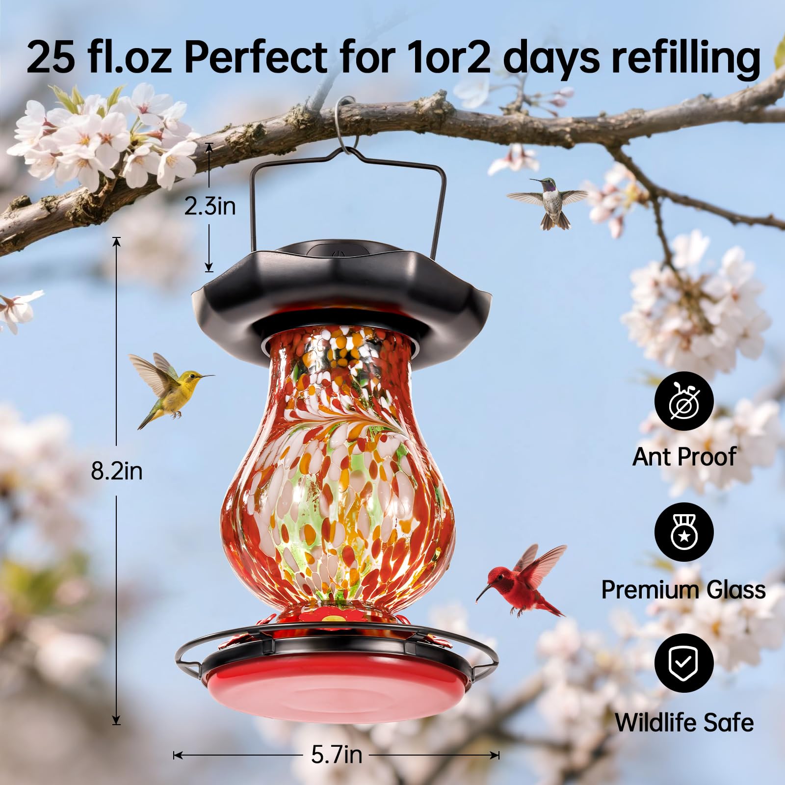 DesGully ports and perch in use with hummingbird showing accessible feeding and benefit of multiple feeders