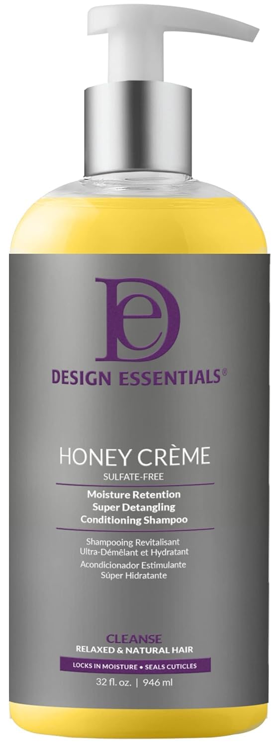 Design Essentials envase frontal de 32 oz mostrando etiqueta y volumen hidratante