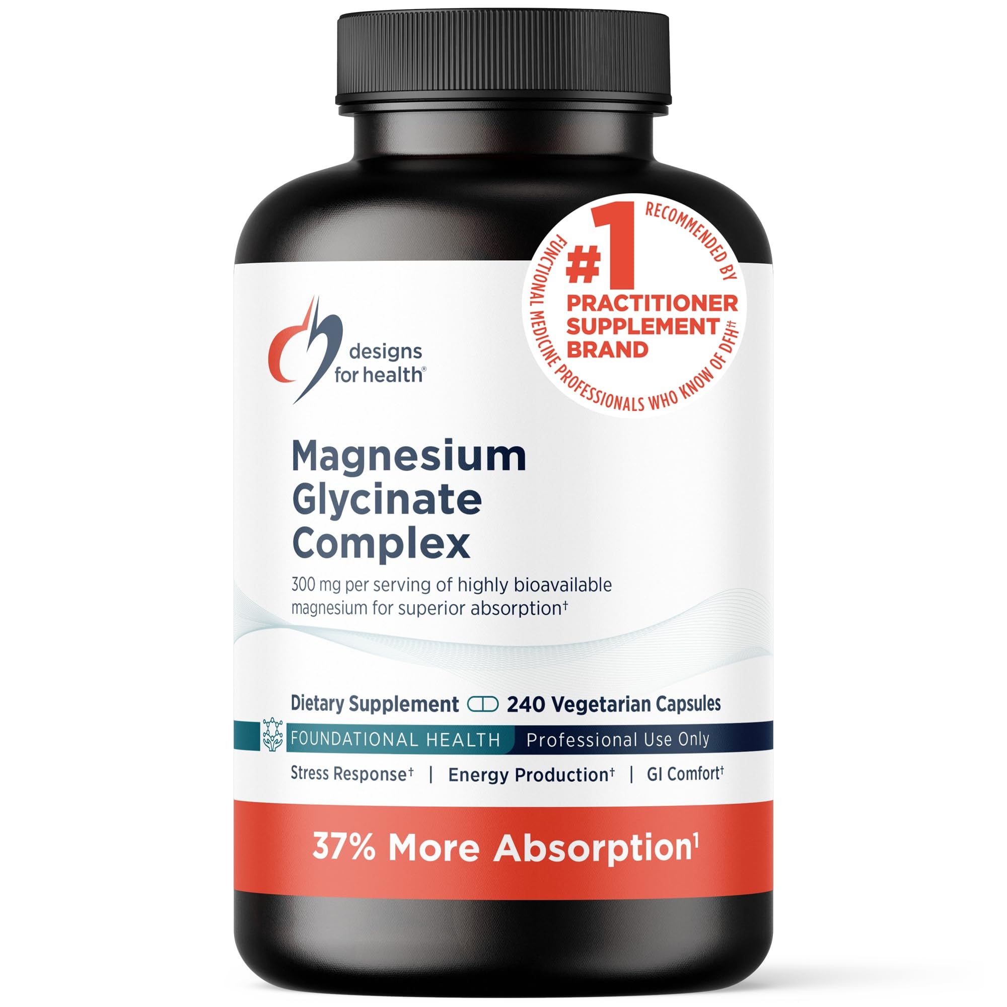Designs for Health frasco delantero del suplemento magnesium glycinate, presentación profesional y seguro