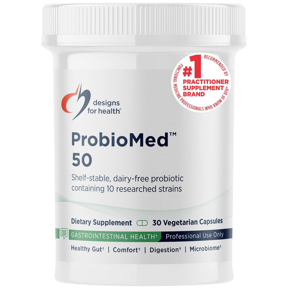 Designs for Health probioMed 50 vista frontal del envase mostrando etiqueta clara y beneficio